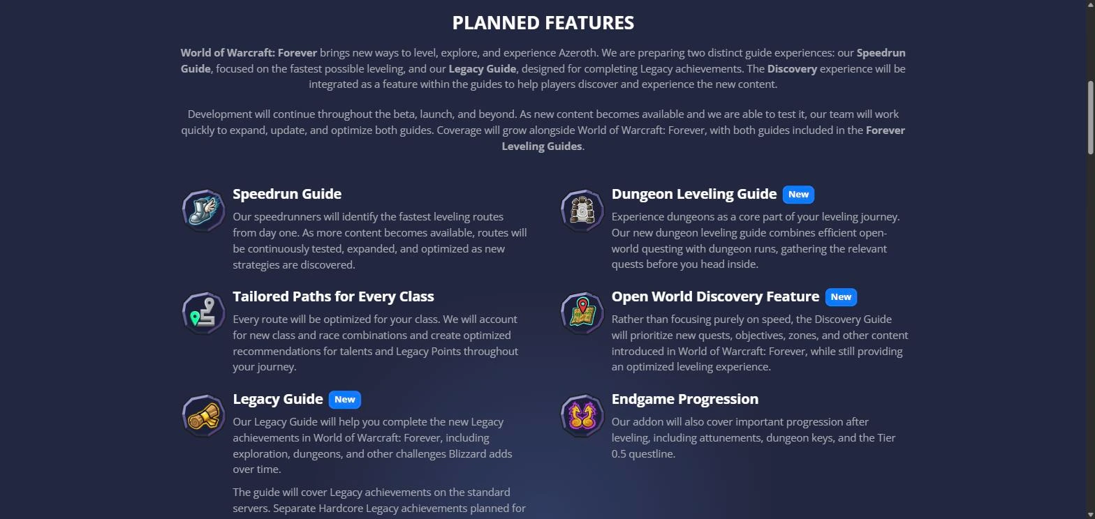 Liste des fonctions du guide Forever sur la page de la boutique RestedXP : Speedrun, donjons, classes, Discovery, Legacy et endgame
