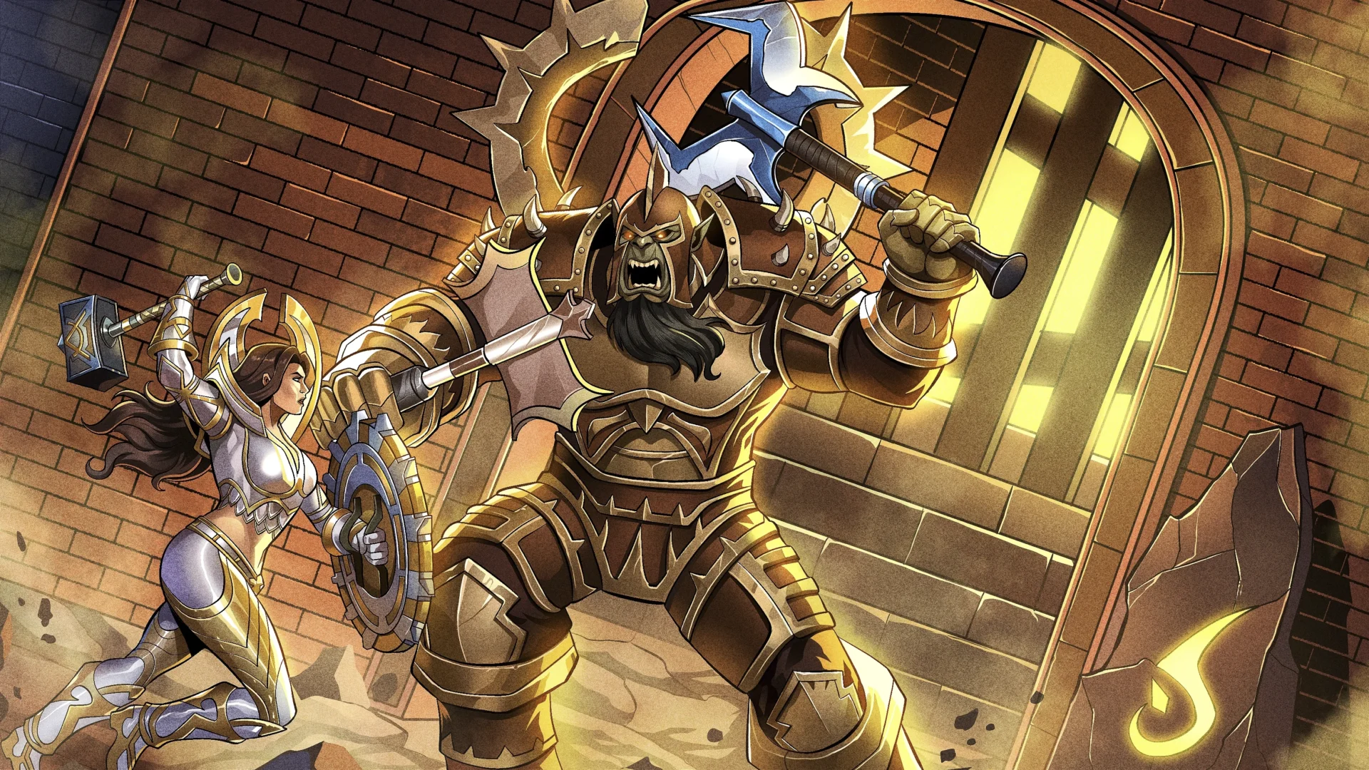 Official illustration of the RestedXP Forever guide: a paladin in white armor and an orc in golden armor face off in front of a fortress gate