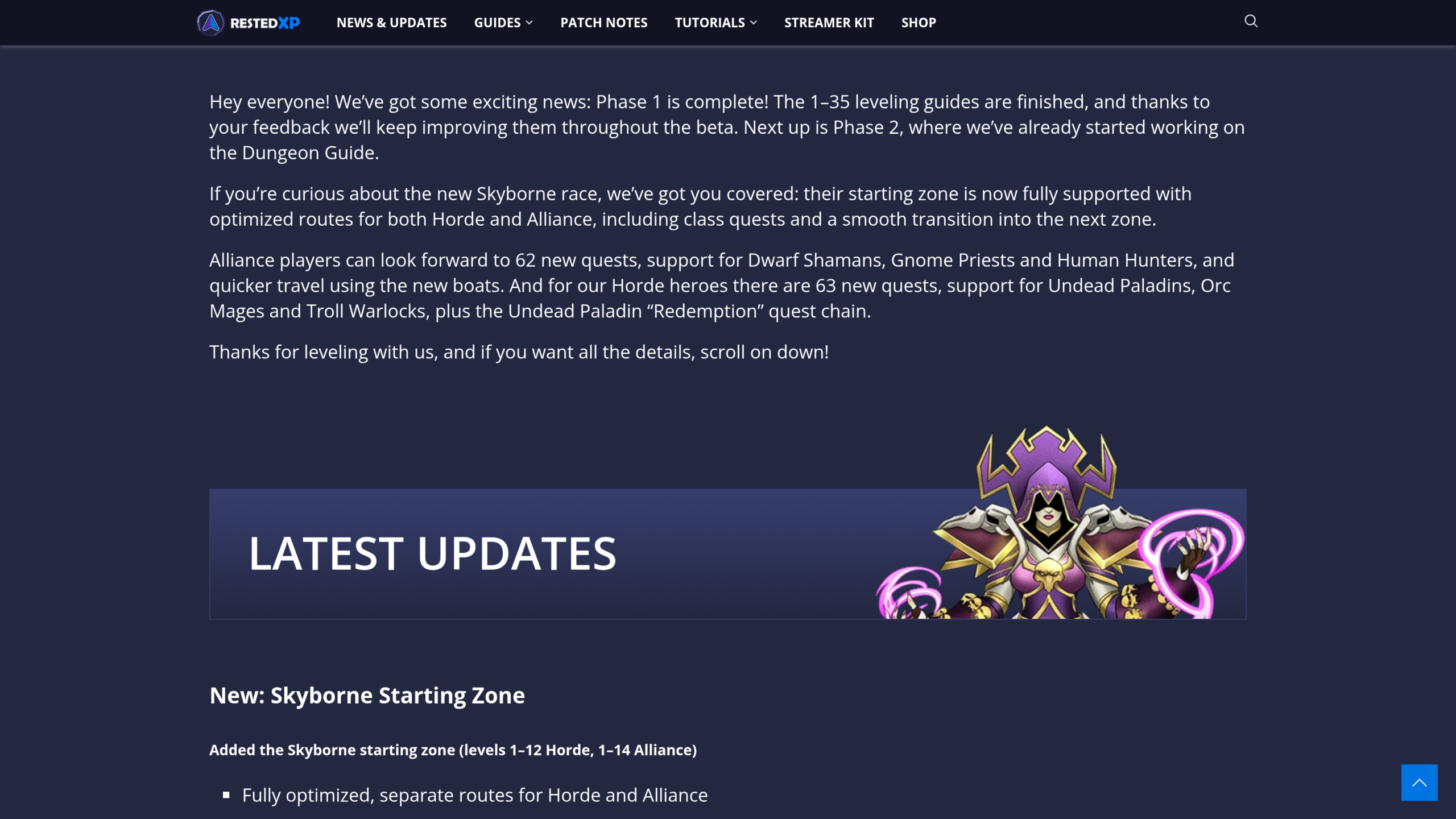 Début du changelog de la mise à jour RestedXP du 9 octobre 2026, annonçant la fin de la phase 1, la zone de départ Skyborne et le nombre de nouvelles quêtes par faction