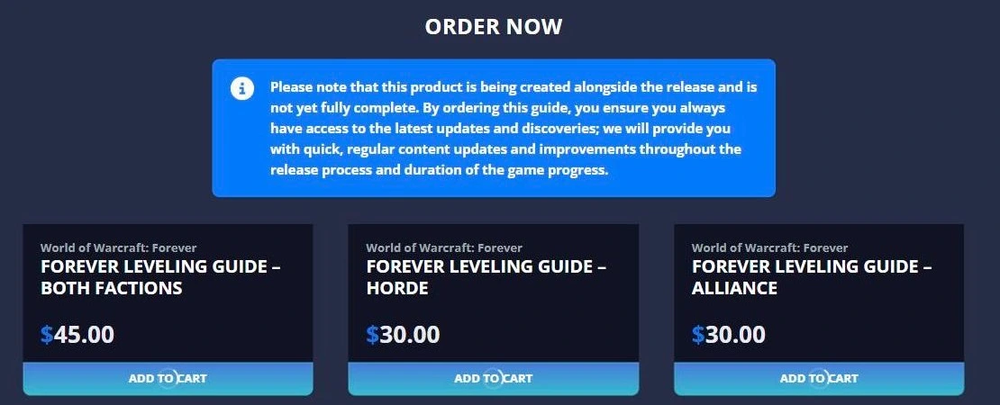 Grille des tarifs du guide Forever sur la boutique RestedXP : 45 dollars pour les deux factions, 30 dollars pour une seule