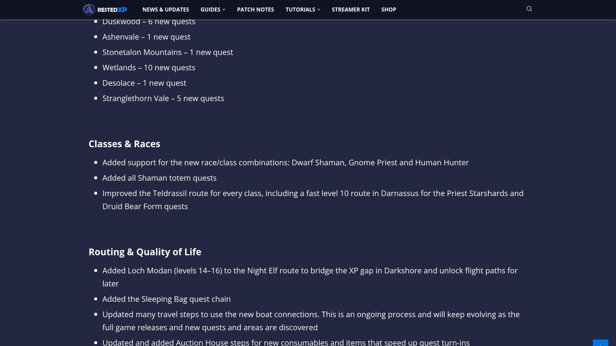 Liste des nouvelles quêtes Alliance par zone dans le changelog RestedXP, de Hurlevent aux Bois de la Pénombre