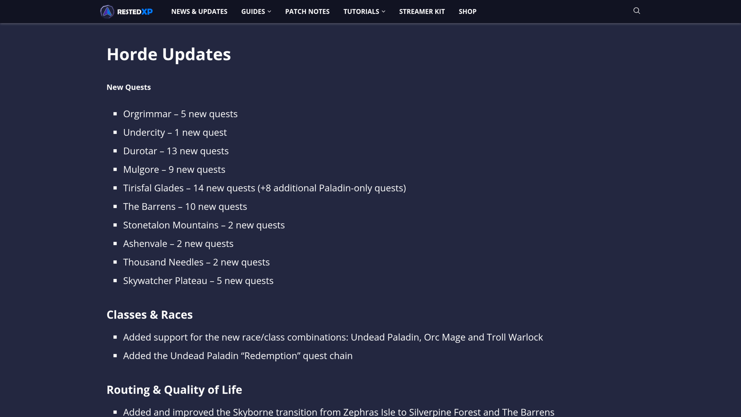 Liste des nouvelles quêtes Horde par zone et des combinaisons Mort-vivant paladin, Orc mage et Troll démoniste dans le changelog RestedXP