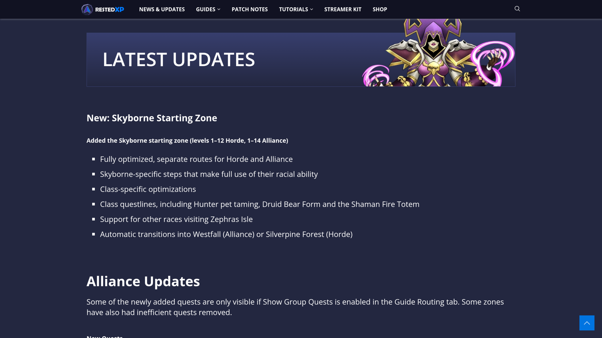 Liste des ajouts de la zone de départ Skyborne dans le changelog RestedXP : routes séparées par faction, quêtes de classe, transition vers la Marche de l'Ouest ou les Pins-Argentés