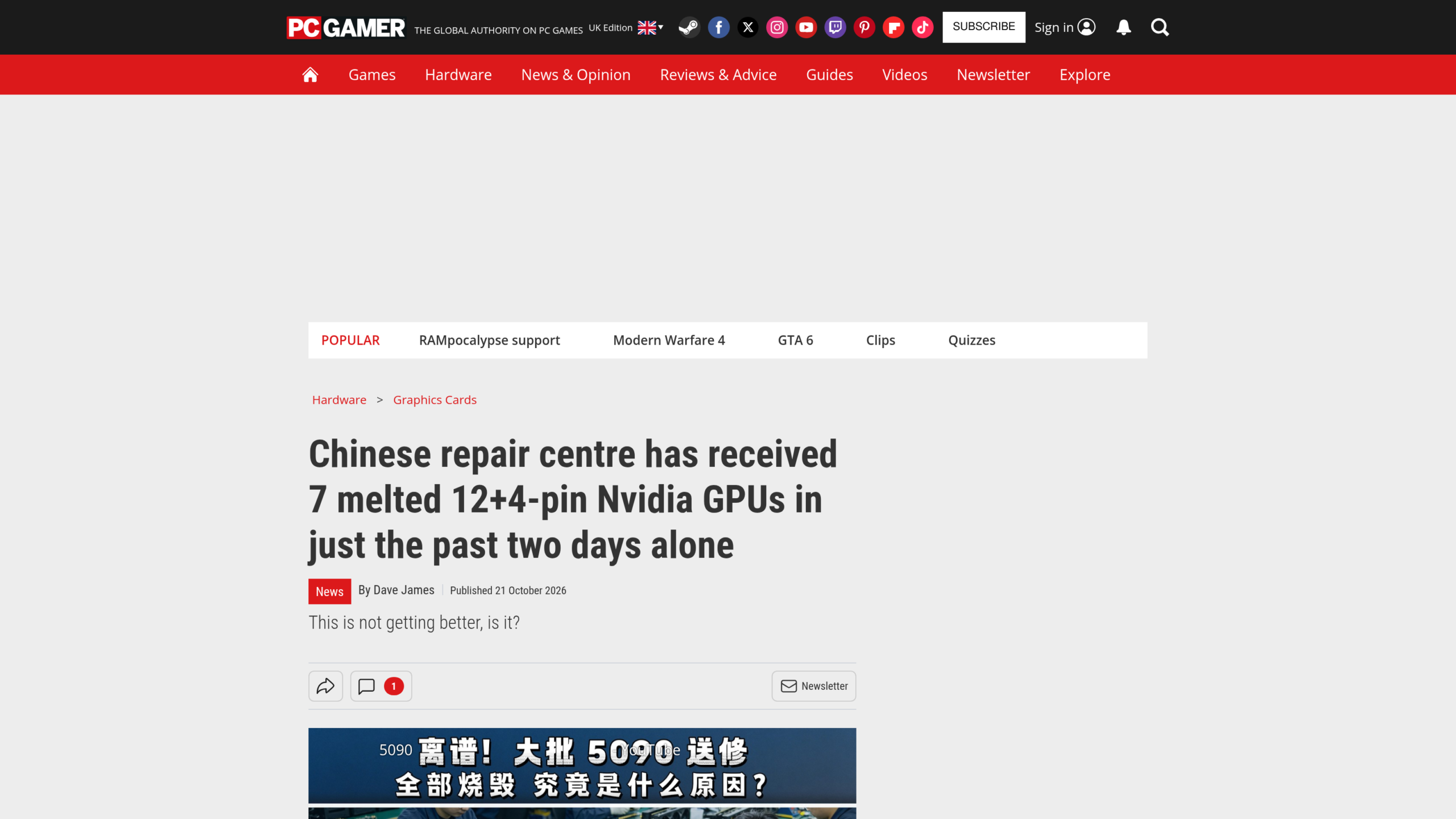 Capture de l'article de PC Gamer avec son titre sur sept cartes Nvidia aux connecteurs fondus reçues en deux jours, et la bannière de la vidéo chinoise du réparateur