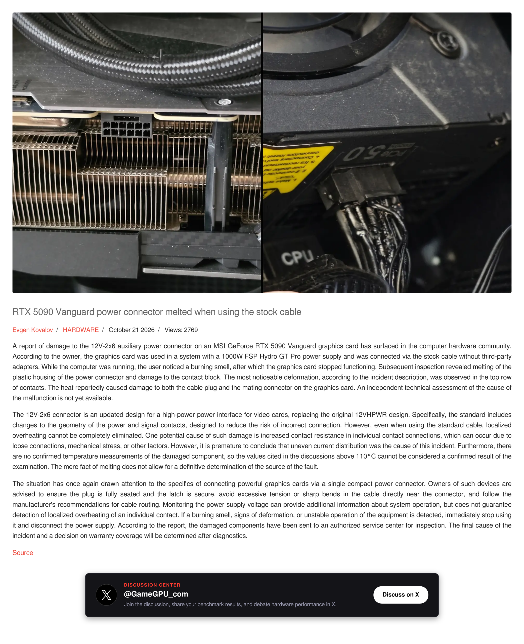 Capture de l'article de GameGPU sur la RTX 5090 Vanguard : à gauche la carte vue de côté avec son connecteur d'alimentation, à droite l'extrémité d'un câble aux fils noircis et soudés, puis le titre et le texte de l'article
