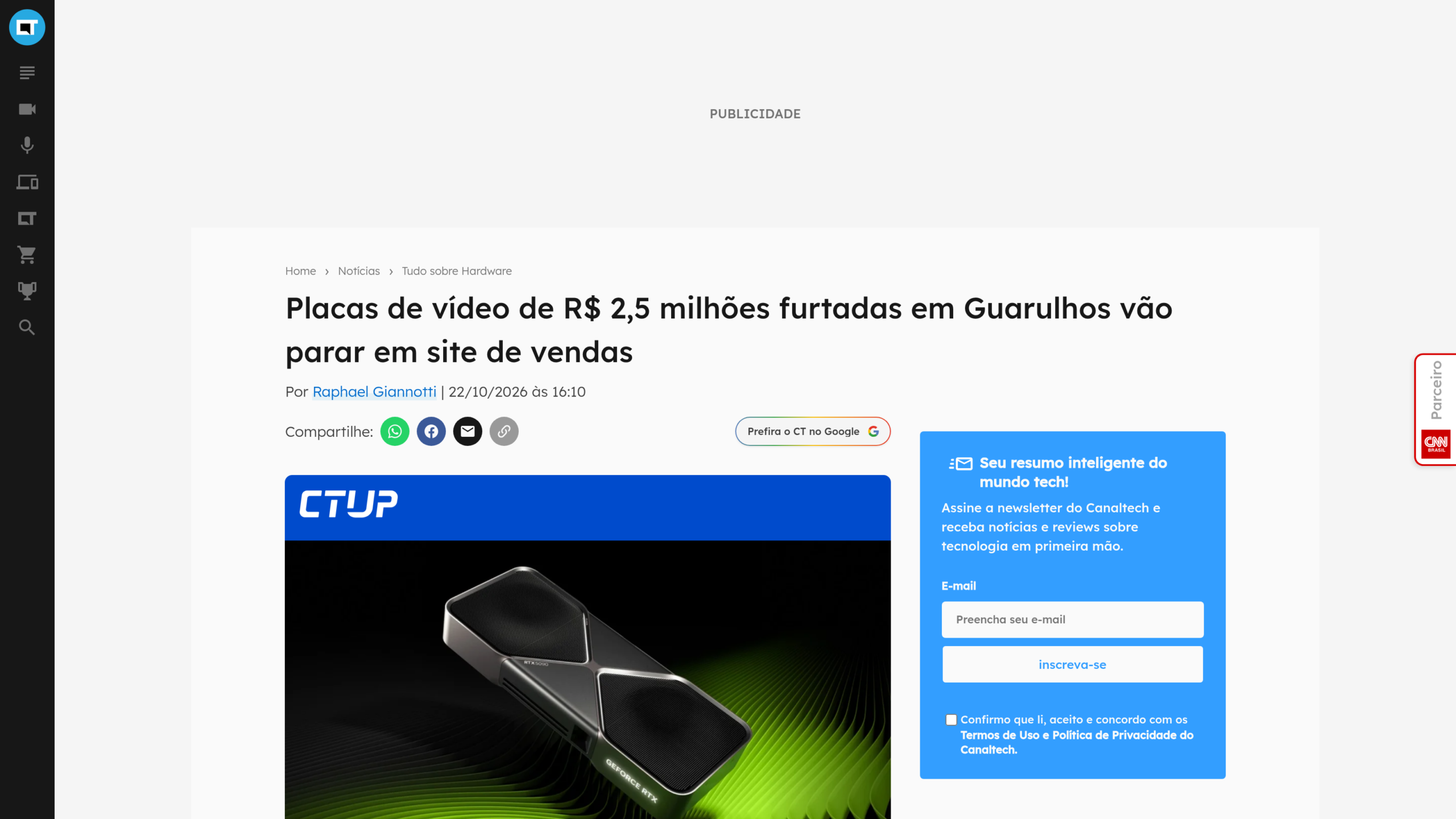 Article de Canaltech sur les cartes graphiques de 2,5 millions de reais volées à Guarulhos, illustré d'une RTX 5090 Founders Edition