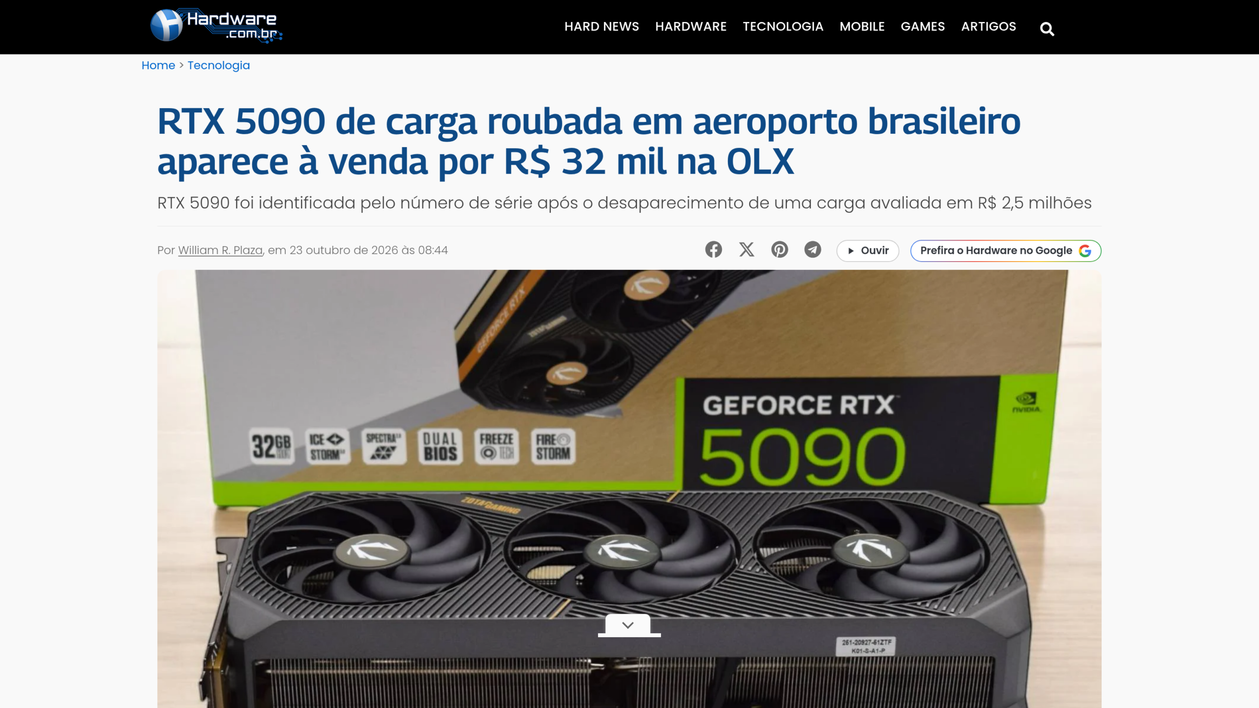 Article de Hardware.com.br sur la RTX 5090 volée à Guarulhos et mise en vente 32 000 reais sur OLX, avec une carte Zotac devant sa boîte