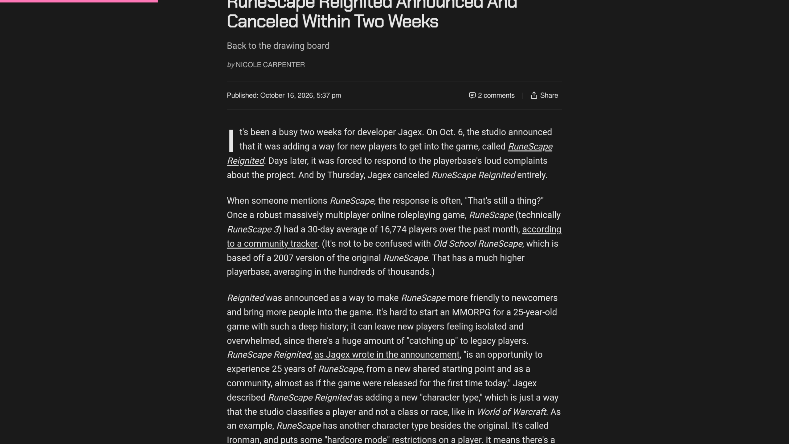 Article d'Aftermath signé Nicole Carpenter le 16 octobre 2026, titré RuneScape Reignited Announced And Canceled Within Two Weeks, qui cite une moyenne de 16 774 joueurs sur trente jours pour RuneScape 3