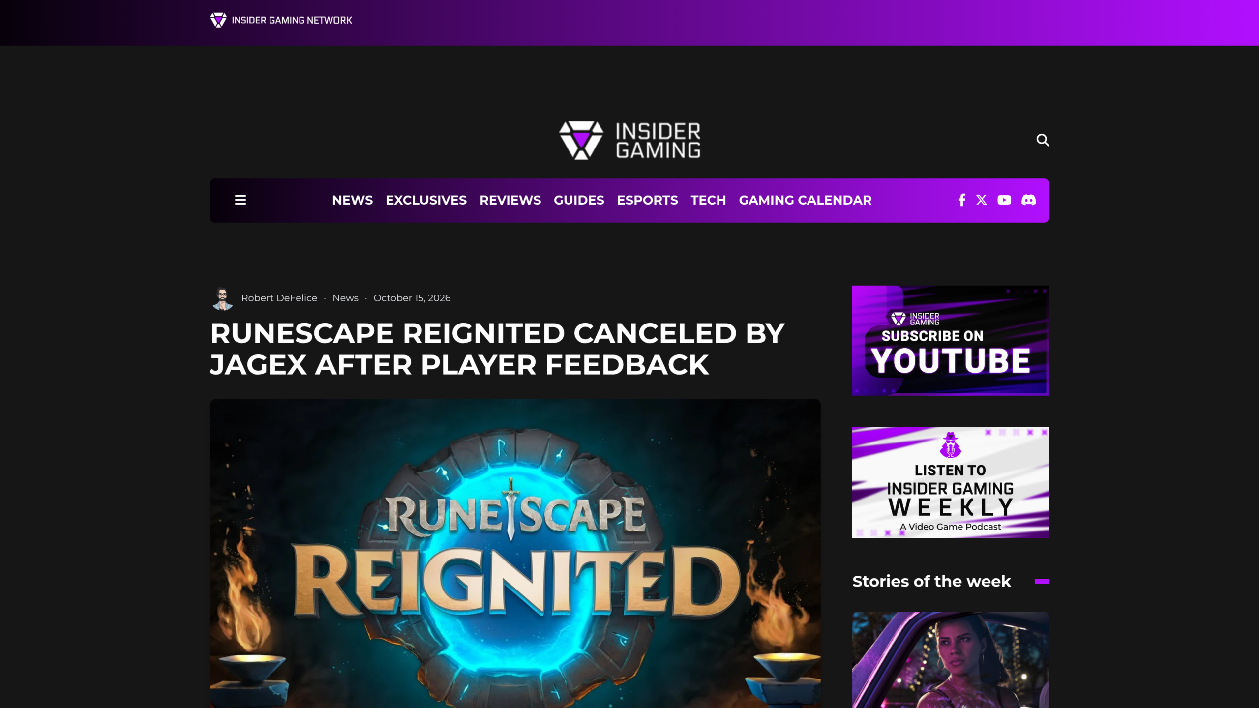 Article d'Insider Gaming signé Robert DeFelice le 15 octobre 2026, titré RuneScape Reignited Canceled by Jagex After Player Feedback, illustré par le logo RuneScape Reignited dans un portail runique