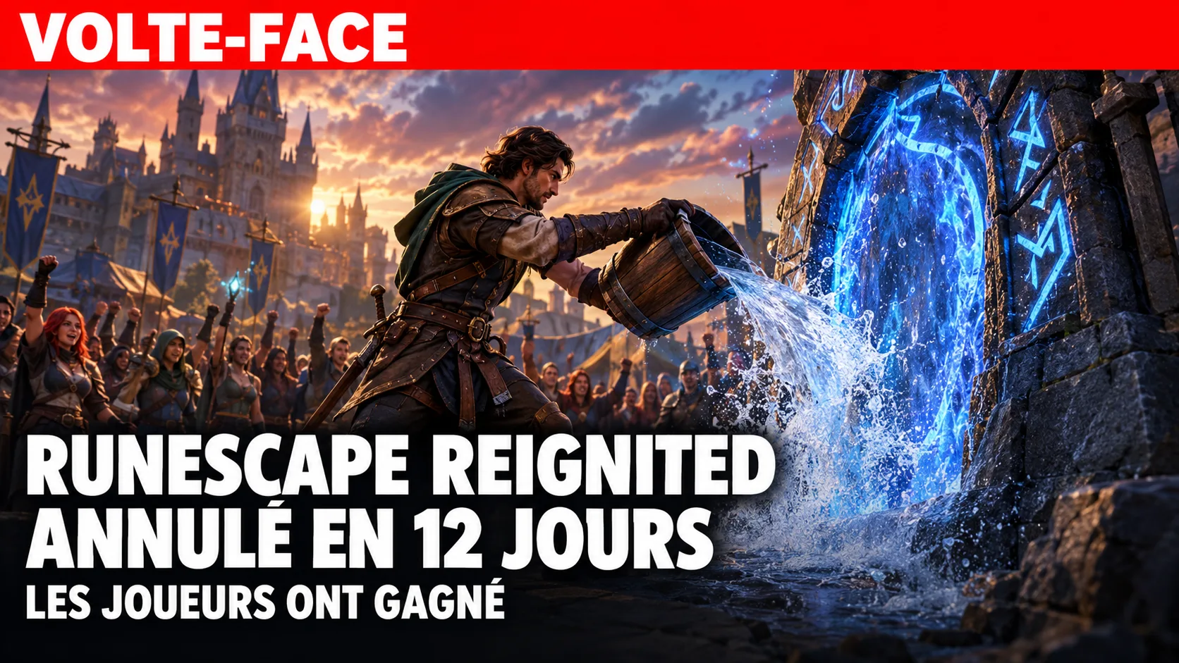 Miniature illustrée : un aventurier en armure de cuir éteint un portail runique bleu avec un seau d'eau sur la place d'un château, sous un bandeau rouge Volte-face, avec le texte RuneScape Reignited annulé en 12 jours, les joueurs ont gagné