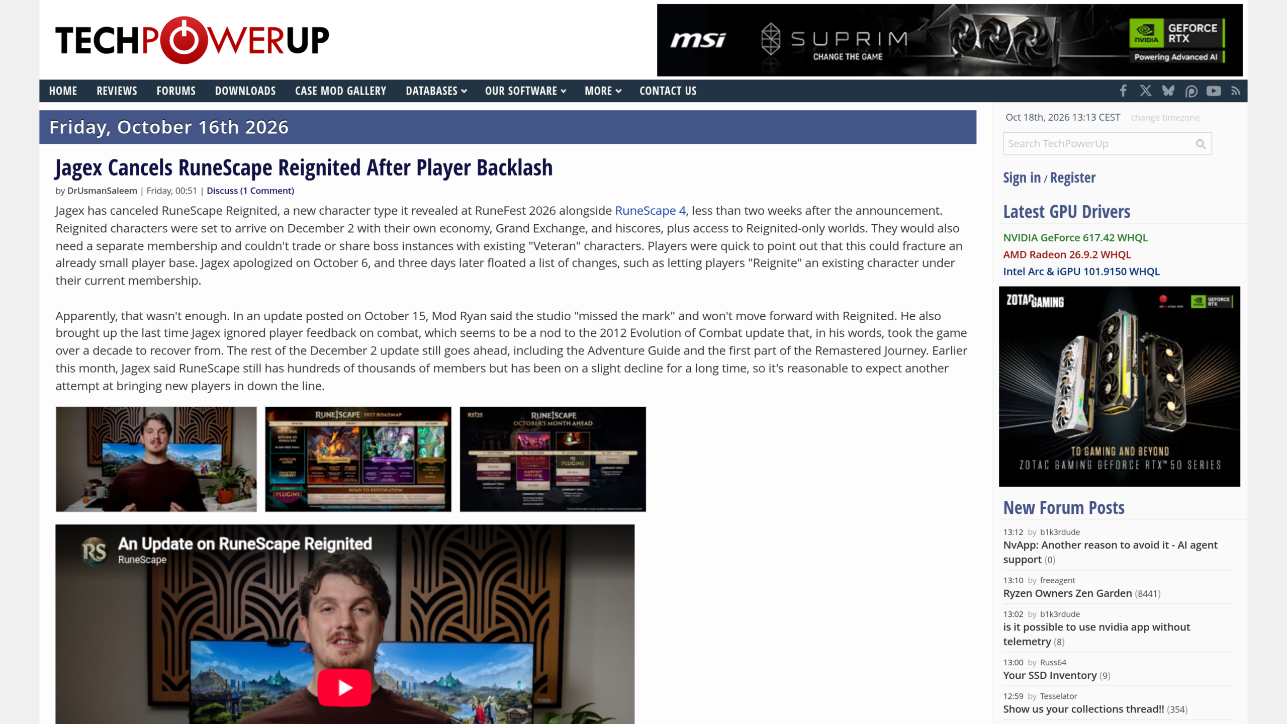 Article de TechPowerUp du 16 octobre 2026 titré Jagex Cancels RuneScape Reignited After Player Backlash, qui détaille l'économie séparée, l'abonnement distinct et la chronologie des excuses du 6 octobre et des changements du 9