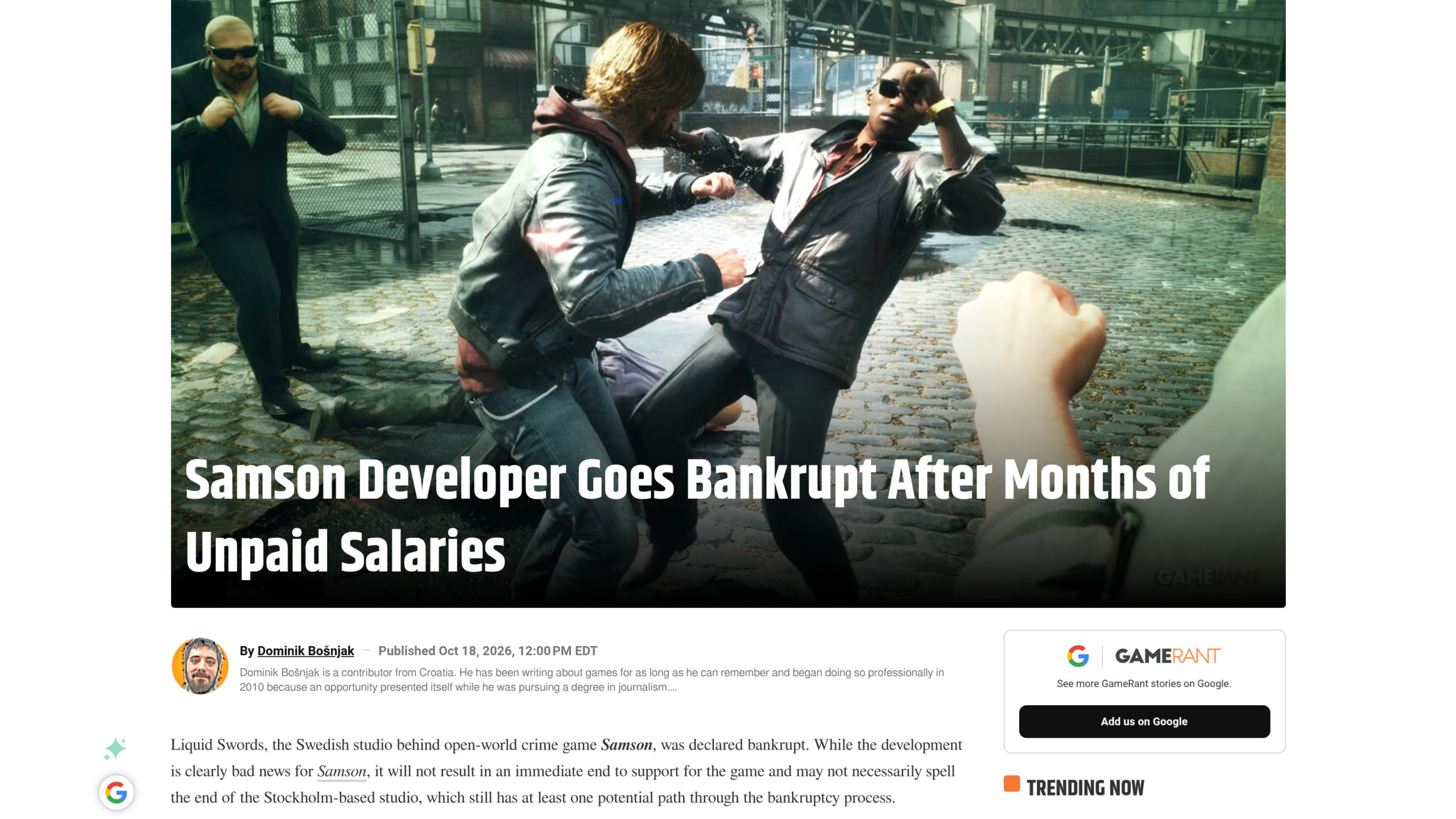 Article de Game Rant signé Dominik Bošnjak le 18 octobre 2026, titré Samson Developer Goes Bankrupt After Months of Unpaid Salaries, illustré par une bagarre de rue tirée du jeu
