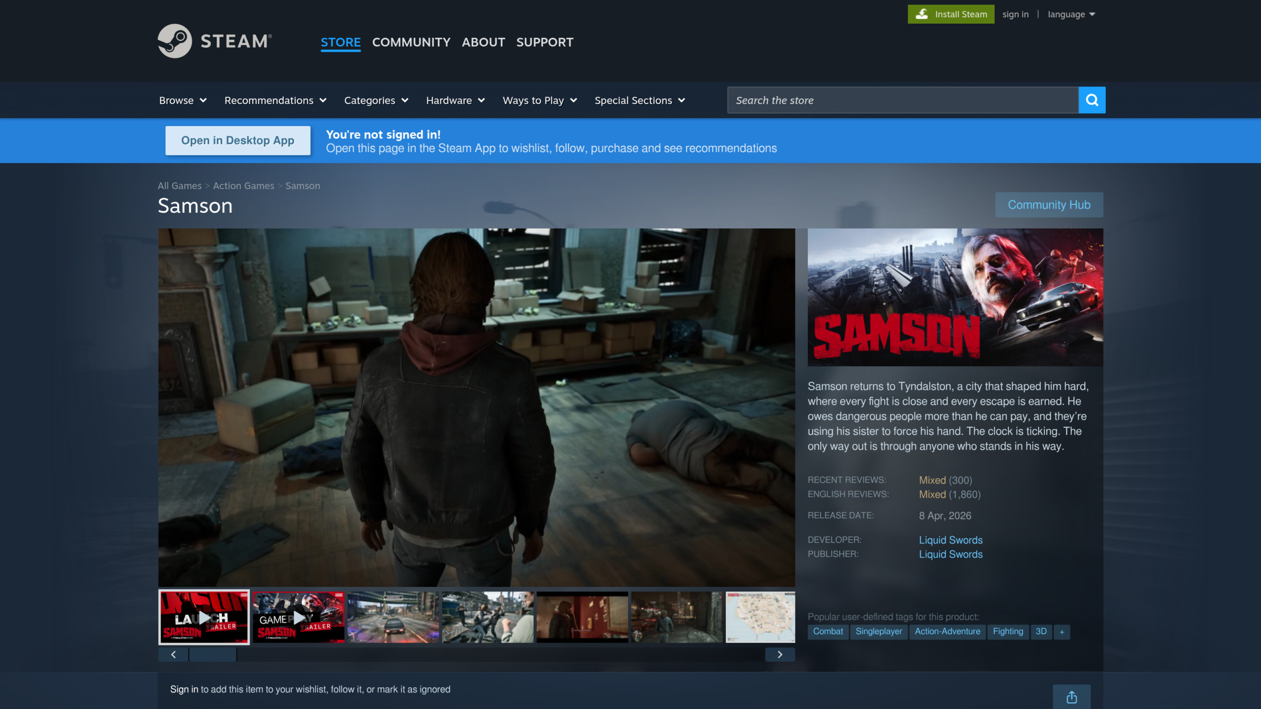 Page Steam de Samson avec la mention Moyennes pour les évaluations récentes et anglaises, une sortie le 8 avril 2026 et le même studio suédois comme développeur et éditeur