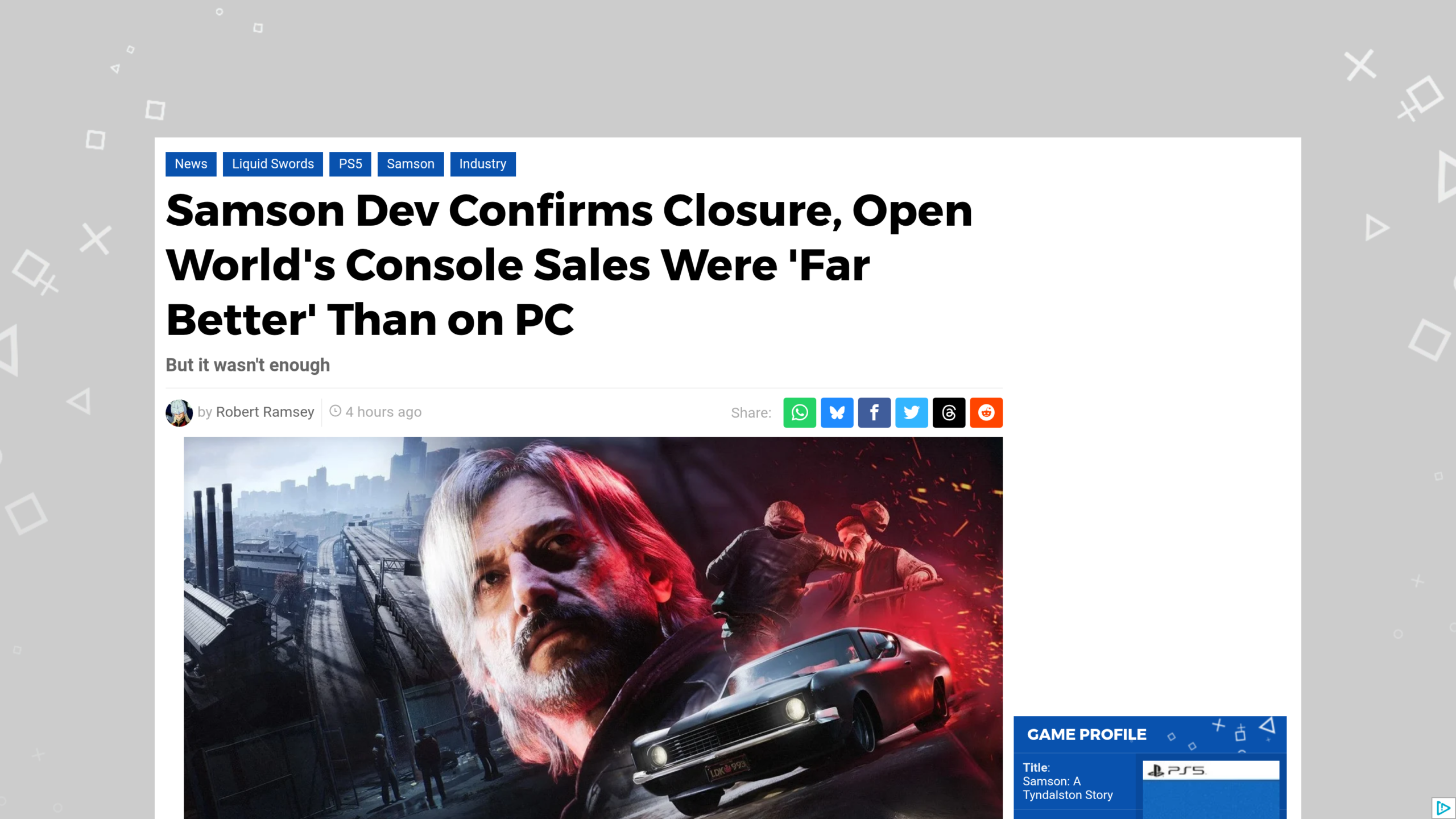 Article de Push Square signé Robert Ramsey, titré Samson Dev Confirms Closure, avec l'illustration officielle du jeu montrant Samson devant une voiture de sport rouge et noire
