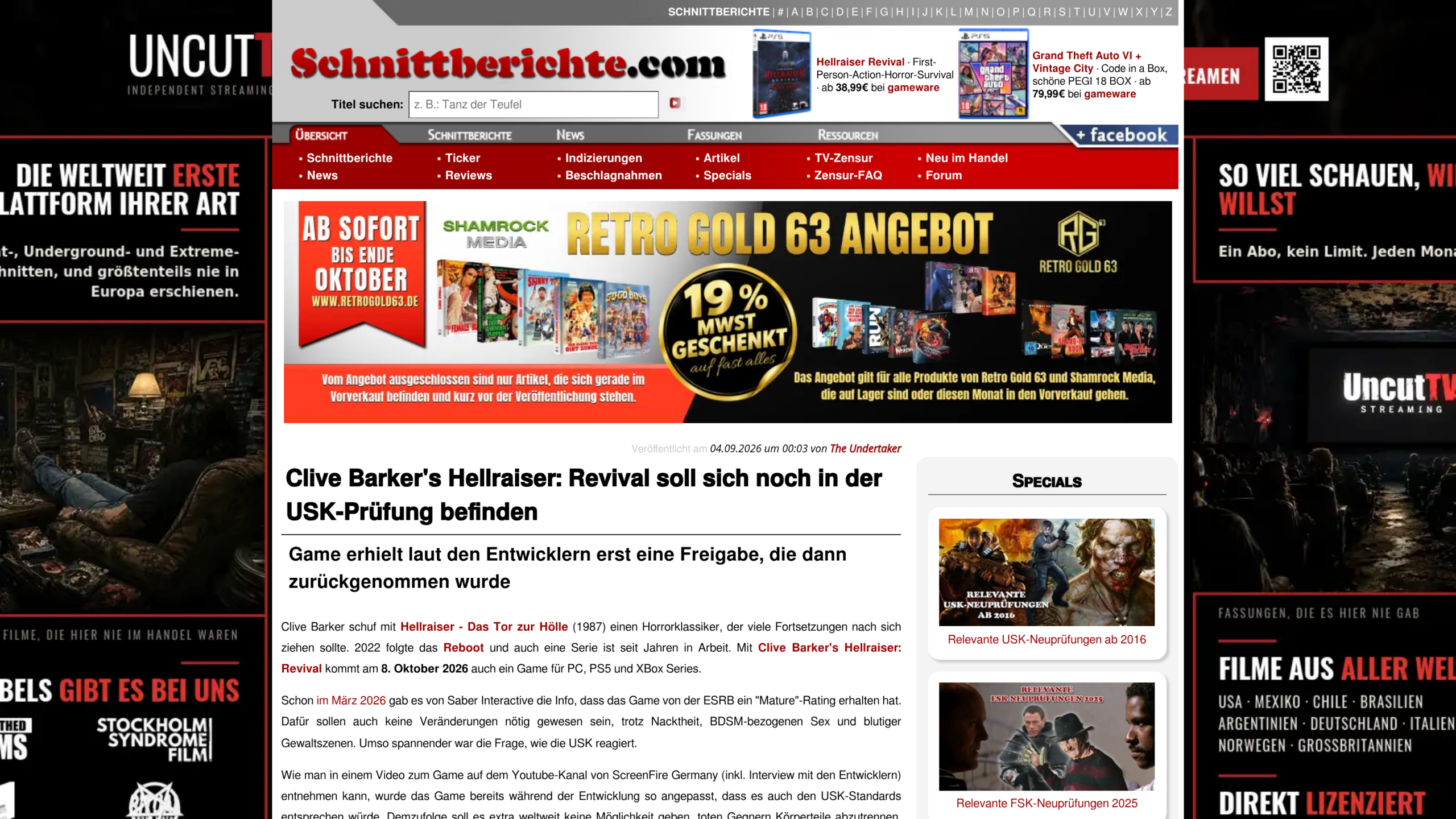 Article du site allemand Schnittberichte.com au titre « Clive Barker's Hellraiser: Revival soll sich noch in der USK-Prüfung befinden »