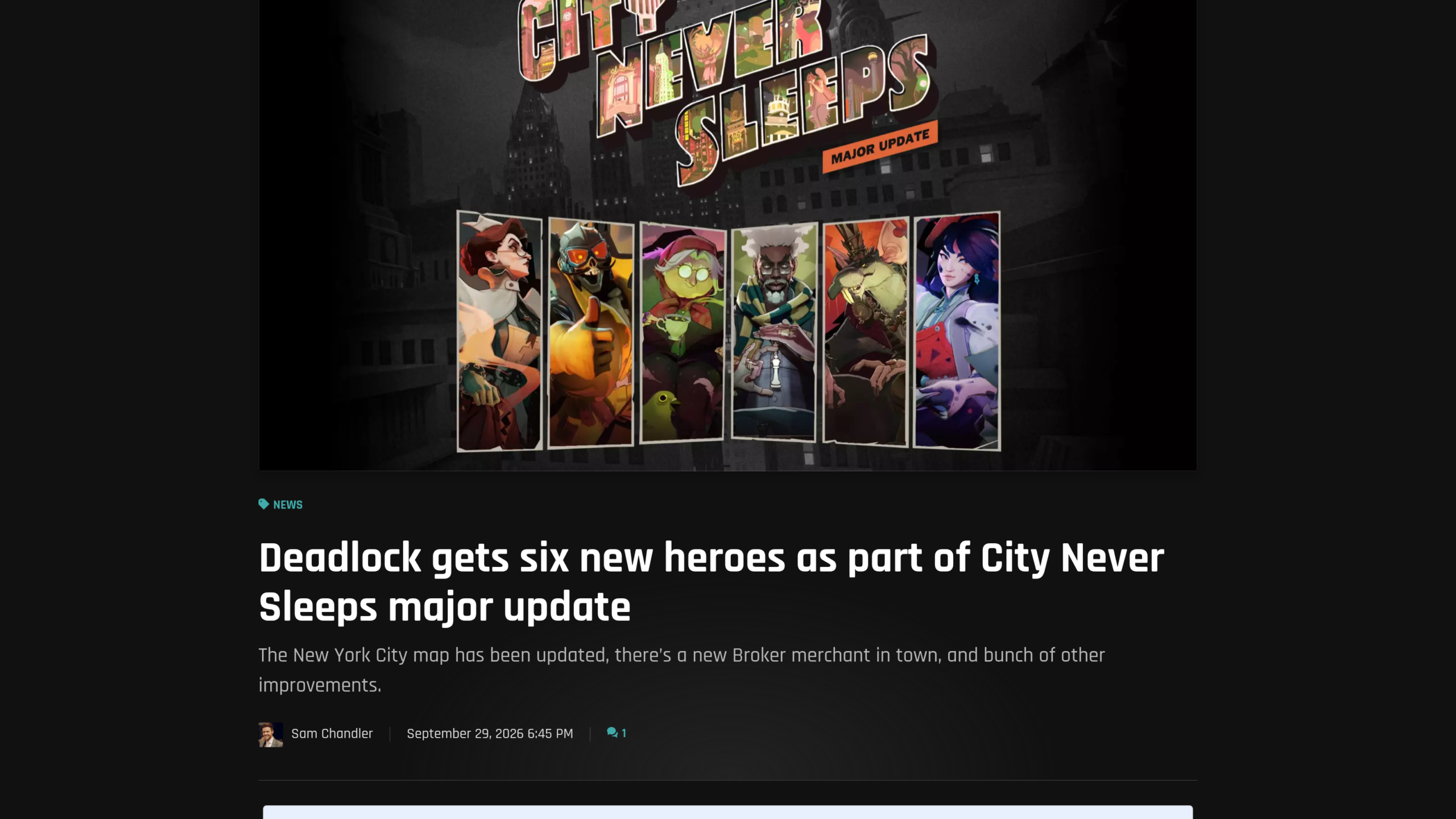 Visuel officiel City Never Sleeps présentant les portraits des six nouveaux héros de Deadlock, sous le titre de l'article Shacknews signé Sam Chandler le 29 septembre 2026
