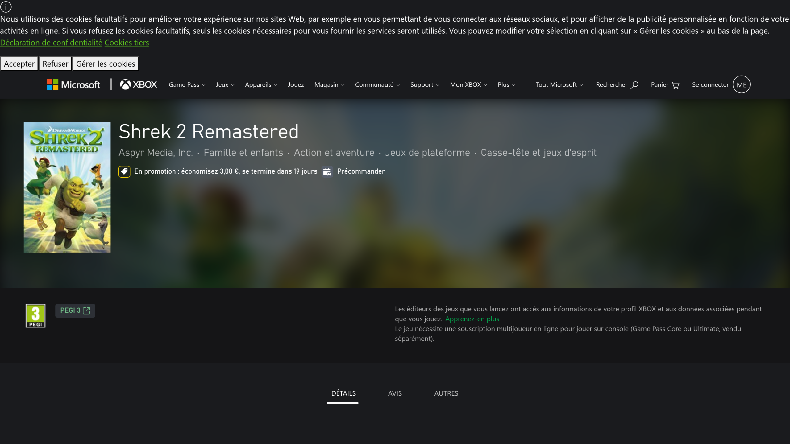 Fiche Xbox en français de Shrek 2 Remastered : jaquette avec Shrek, Fiona, le Chat potté et Donkey, mention d'une promotion de 3 euros, bouton Précommander et classification PEGI 3