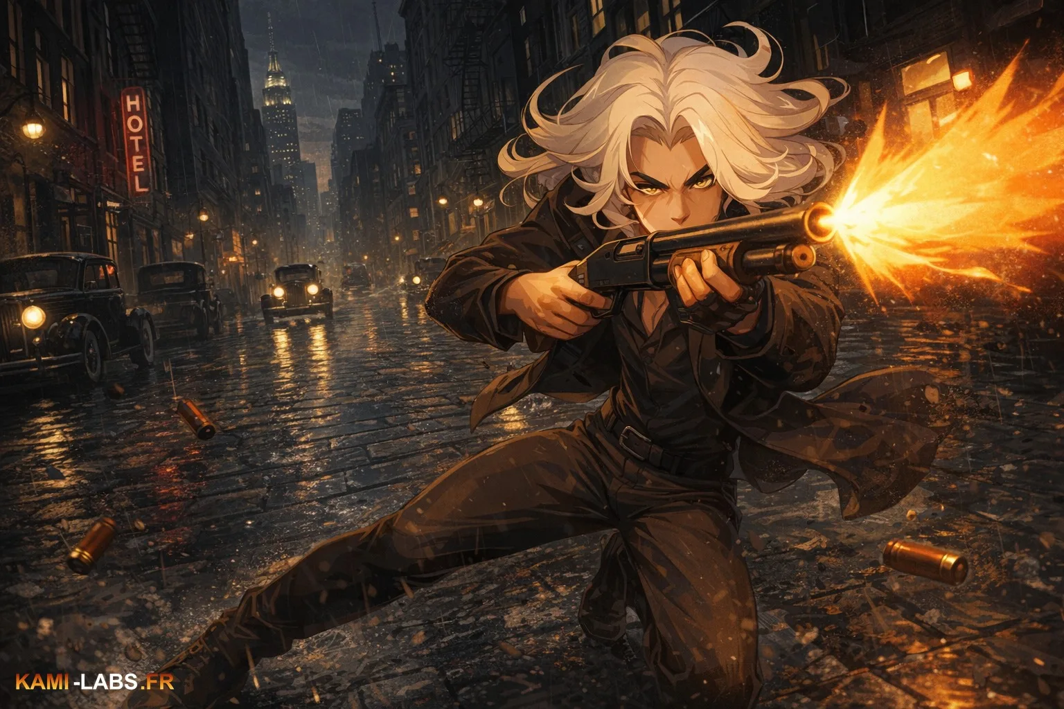 Silver armée d'un fusil à pompe, de nuit