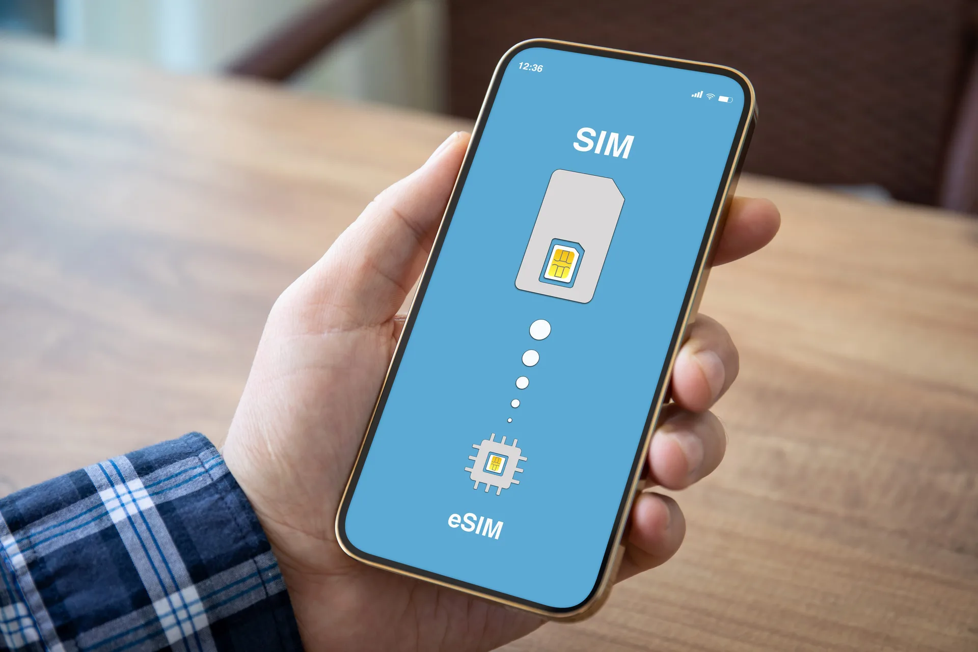 Main tenant un smartphone dont l'écran montre une carte SIM reliée par des pointillés à une puce marquée eSIM