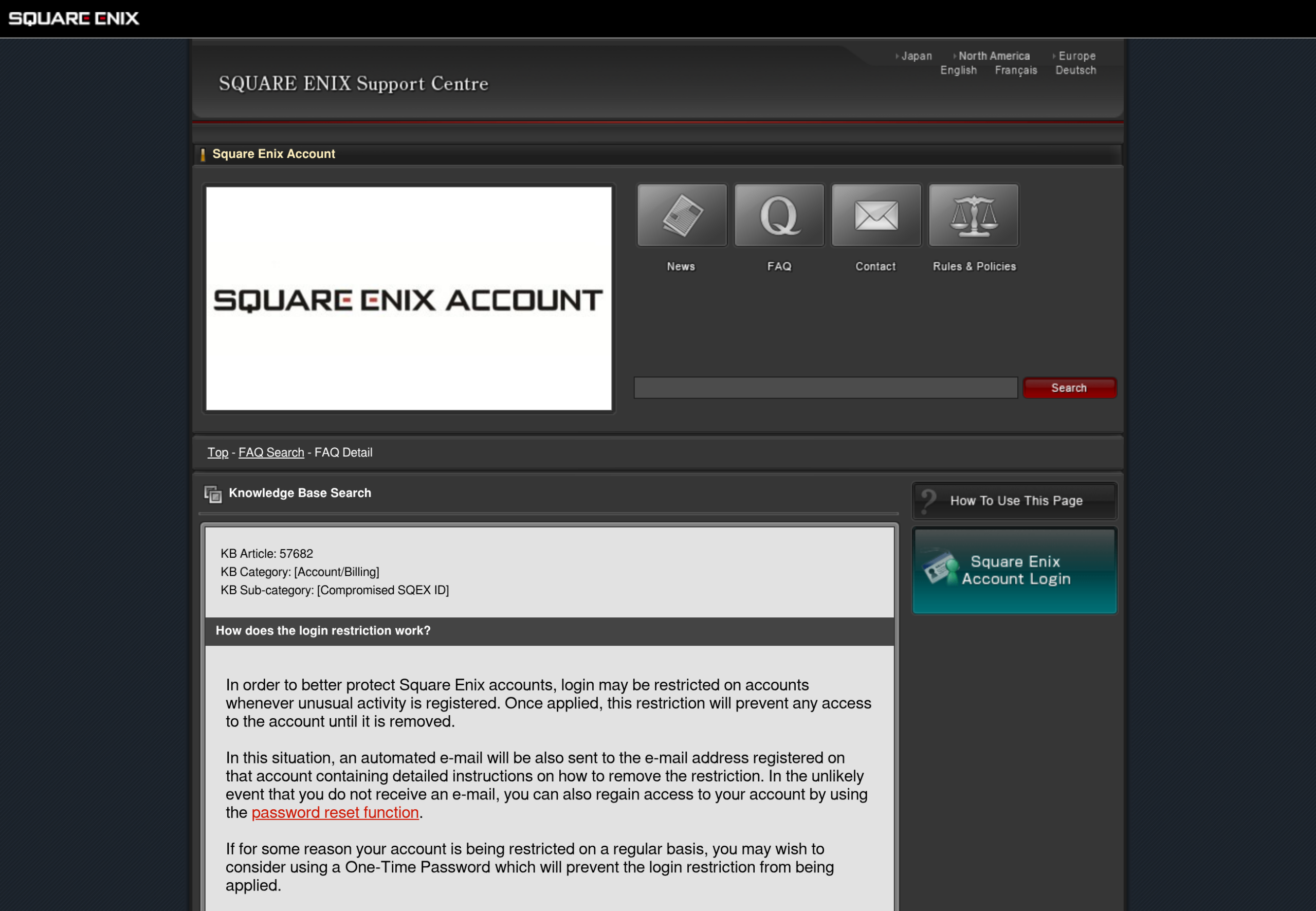 Fiche 57682 du centre d'aide Square Enix, How does the login restriction work, qui explique l'e-mail automatique et la réinitialisation du mot de passe