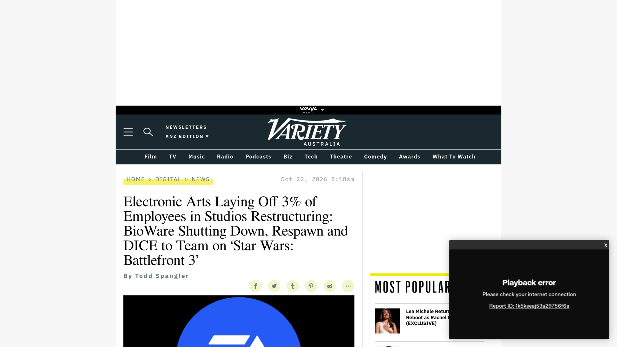 Article de Variety Australie intitulé « Electronic Arts Laying Off 3% of Employees in Studios Restructuring », avec BioWare qui ferme et Respawn et DICE qui s'associent sur Star Wars Battlefront 3