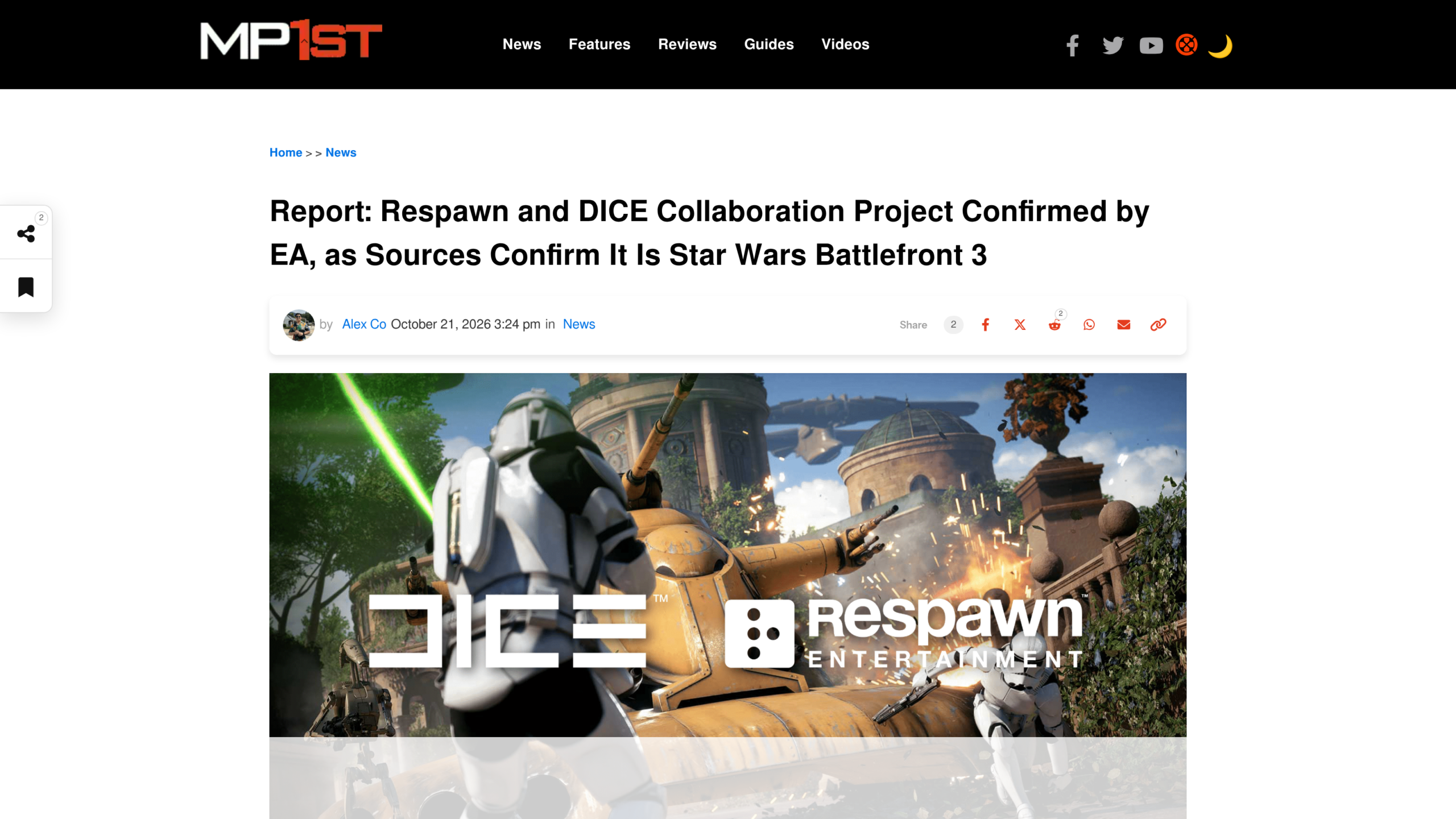 Article de MP1st avec un visuel de Star Wars Battlefront 2 et les logos de DICE et de Respawn Entertainment