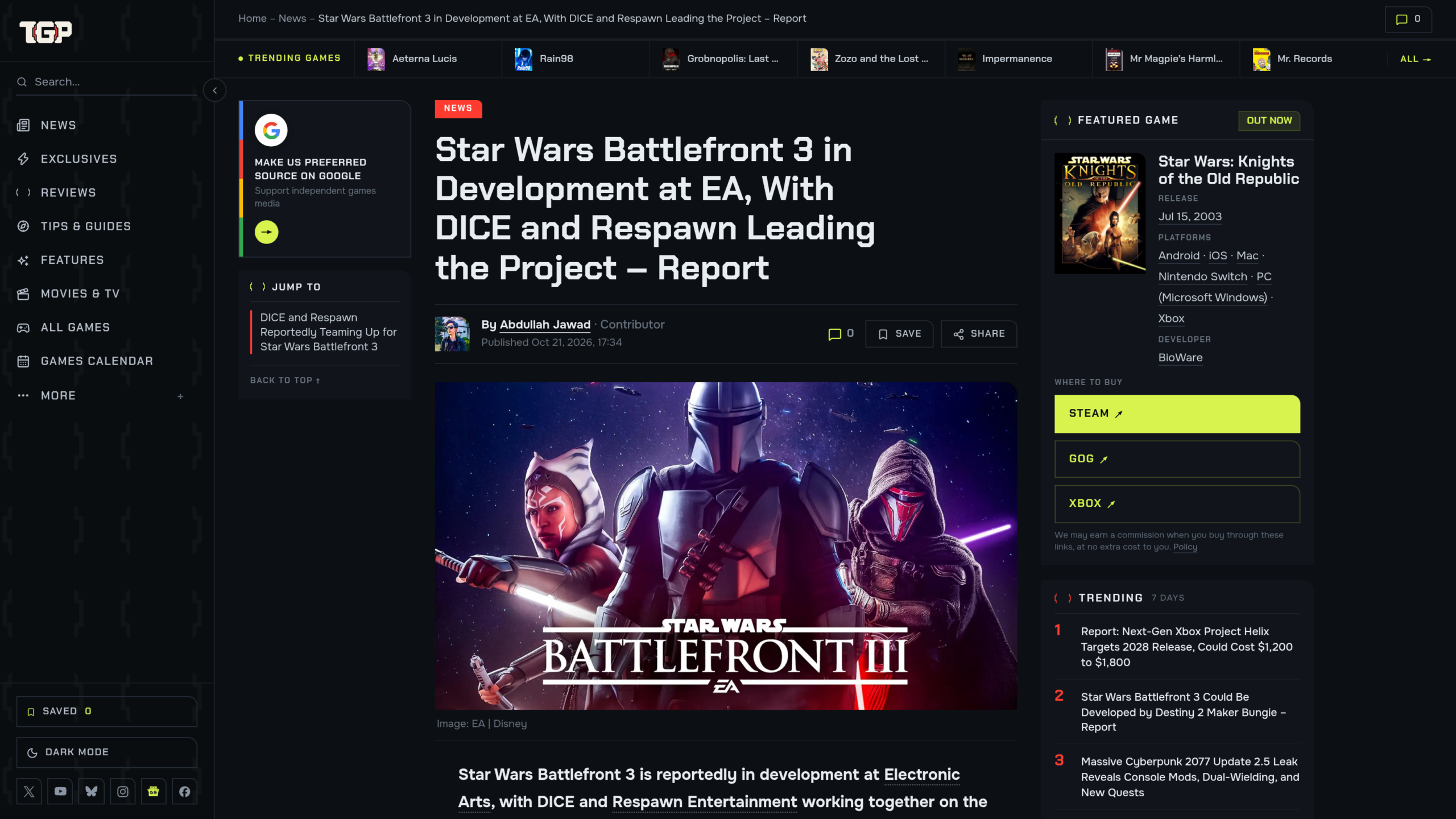 Article de The Game Post avec un visuel Star Wars Battlefront III sur fond de personnages de la saga