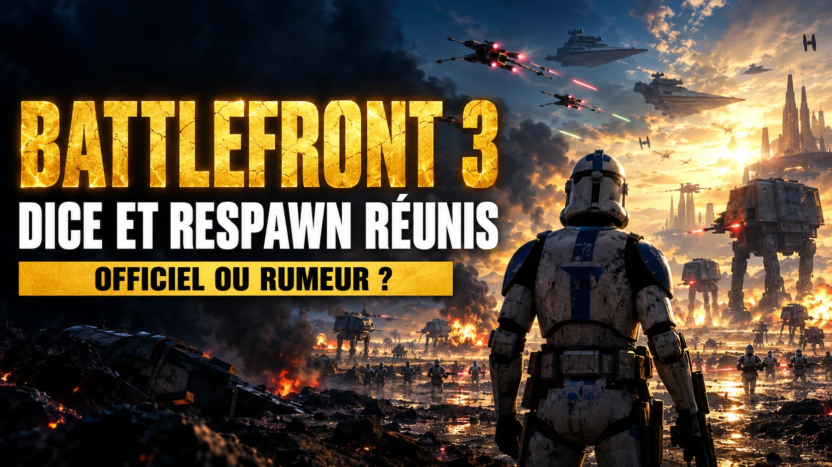Un soldat clone casqué de dos face à un champ de bataille de Star Wars, sous le texte Battlefront 3 et la mention DICE et Respawn réunis