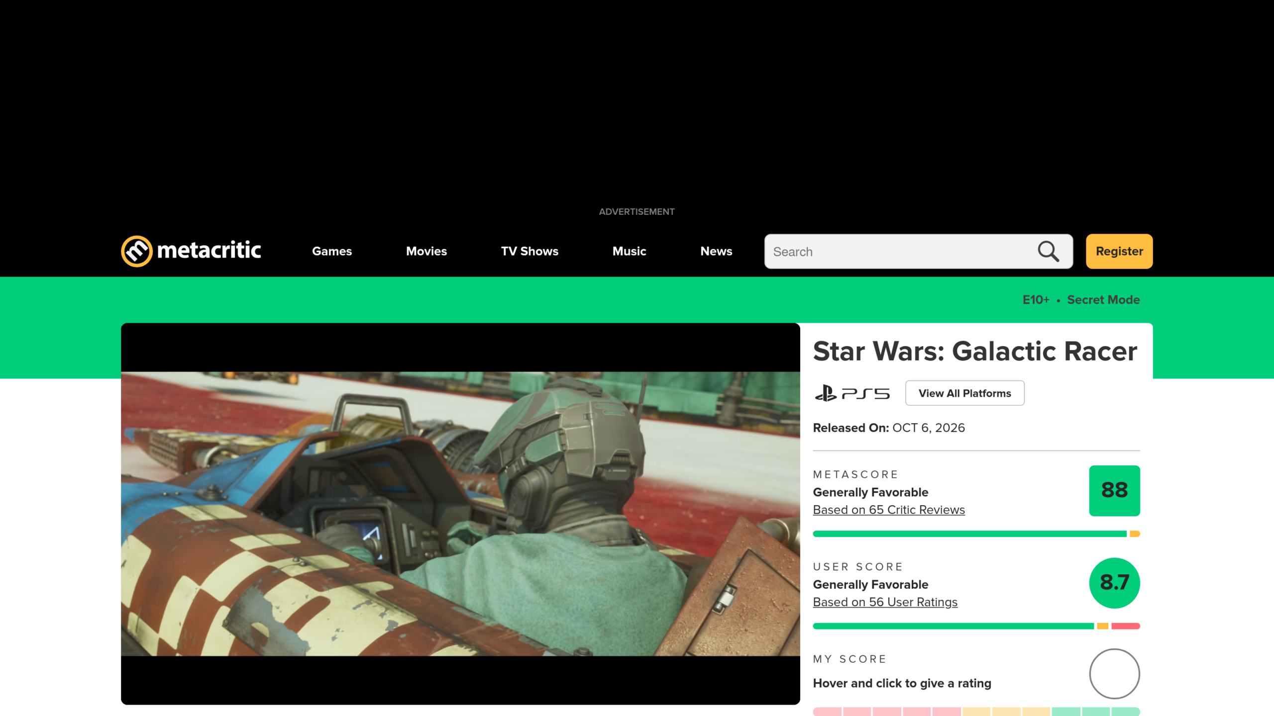 Fiche Metacritic de la version PS5 de Star Wars: Galactic Racer : Metascore 88 sur 65 critiques, note des joueurs 8,7 sur 56 notes, sortie le 6 octobre 2026