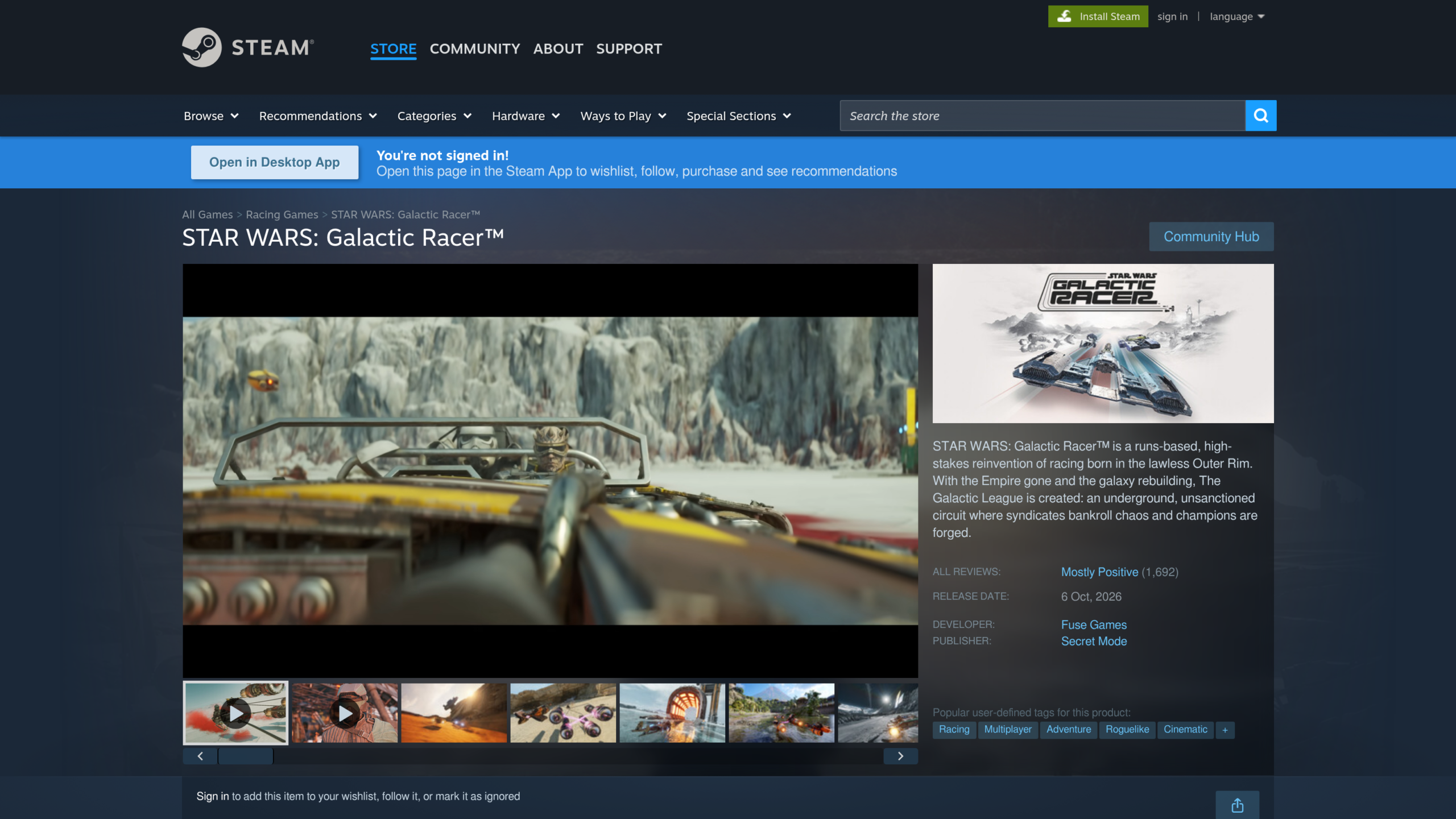 Page Steam de Star Wars: Galactic Racer : mention Plutôt positives sur 1 692 évaluations, développeur Fuse Games, éditeur Secret Mode, tags Racing, Multiplayer et Roguelike