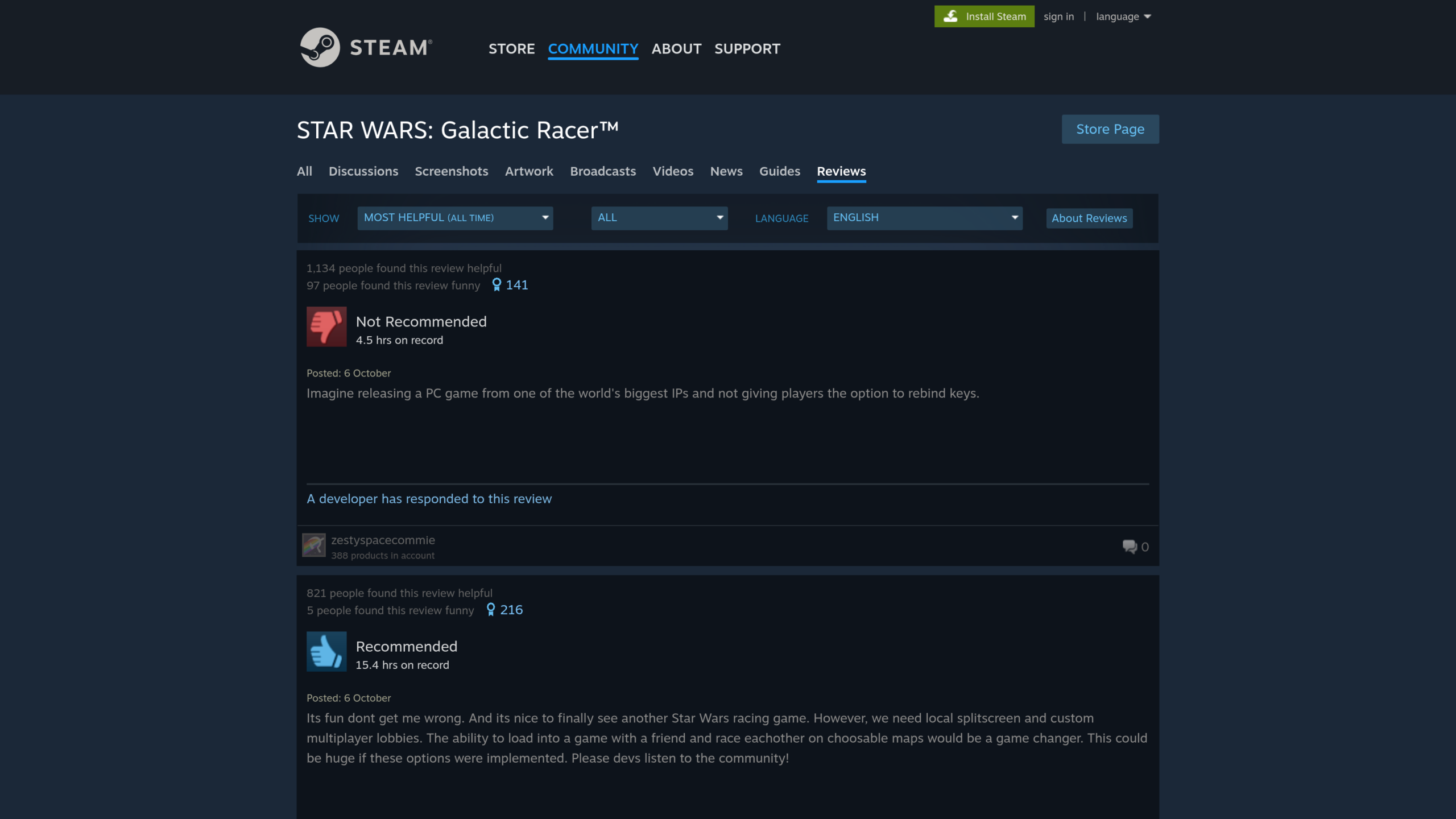 Avis Steam les plus utiles de Star Wars: Galactic Racer : un avis négatif à 1 134 votes utiles sur les touches non réassignables, un avis positif à 15,4 h de jeu