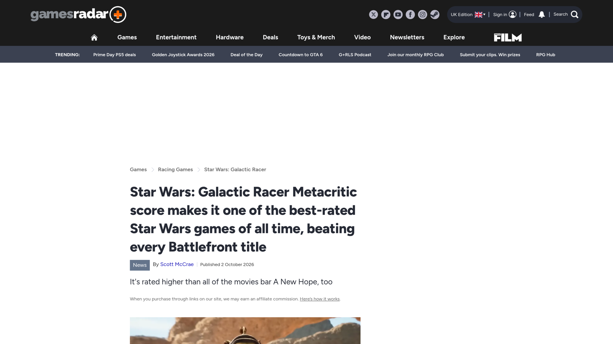 Article de GamesRadar+ signé Scott McCrae, publié le 2 octobre 2026, titré sur le score Metacritic de Star Wars: Galactic Racer qui bat tous les Battlefront