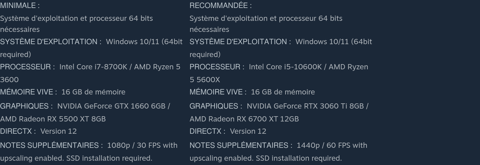 Configurations minimale et recommandée de Phantom Blade Zero sur Steam : GTX 1660 pour 1080p à 30 images par seconde, RTX 3060 Ti pour 1440p à 60 images par seconde