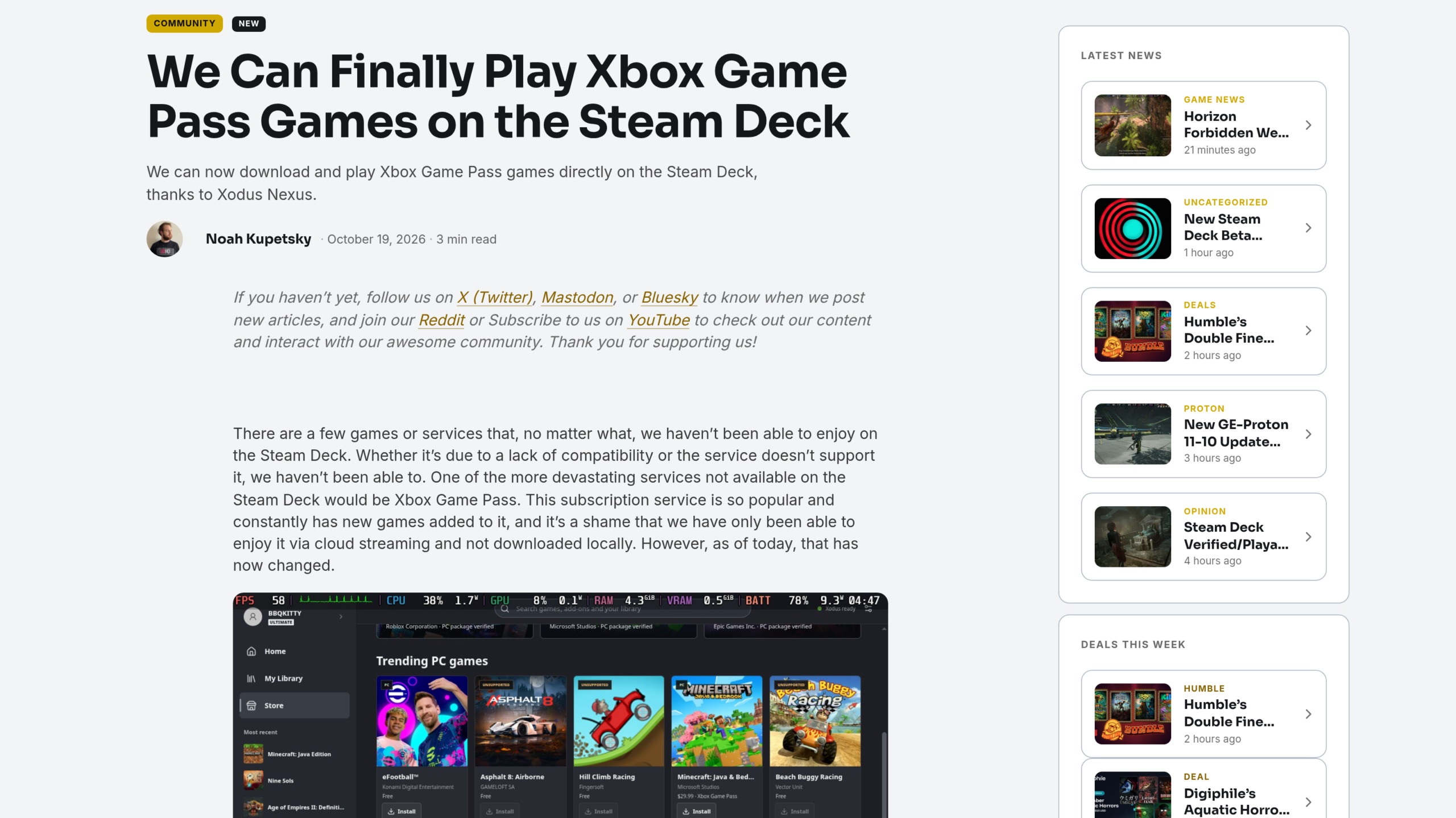 Article de Steam Deck HQ signé Noah Kupetsky le 19 octobre 2026, titré We Can Finally Play Xbox Game Pass Games on the Steam Deck, avec une capture du lanceur sur la console