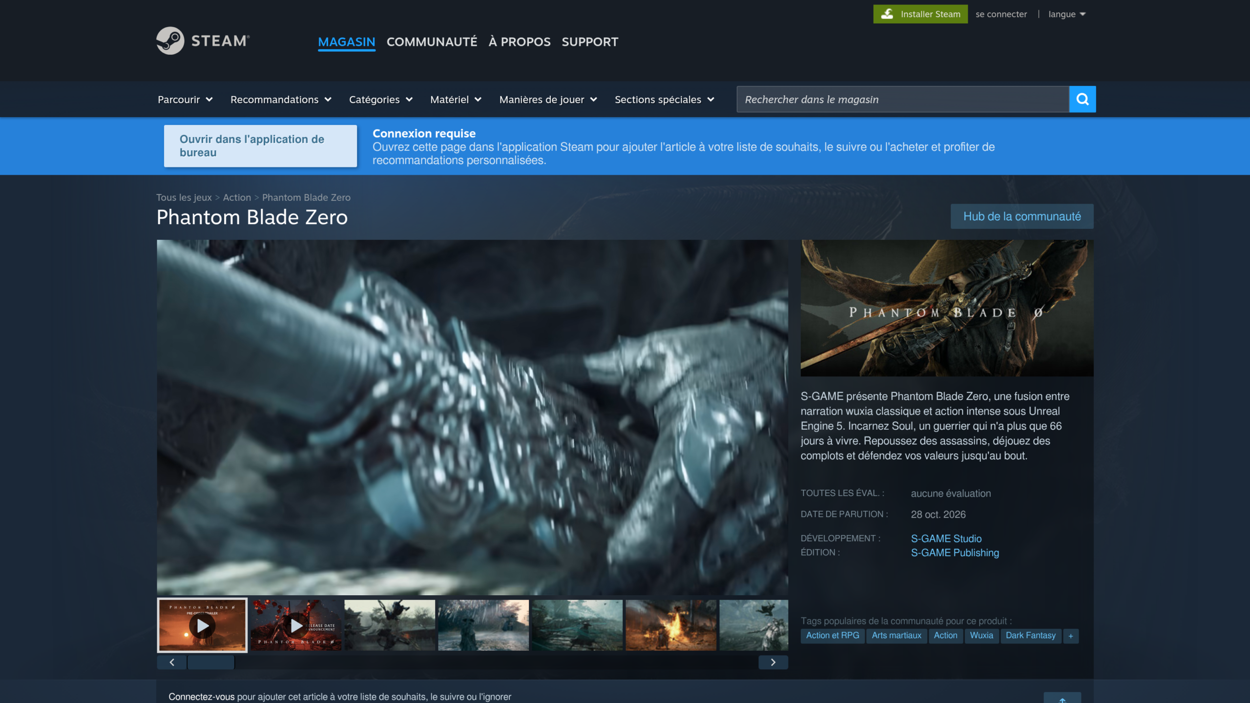 Page Steam de Phantom Blade Zero en français, avec la date de parution du 28 octobre 2026, le développeur S-GAME Studio et la vidéo de présentation