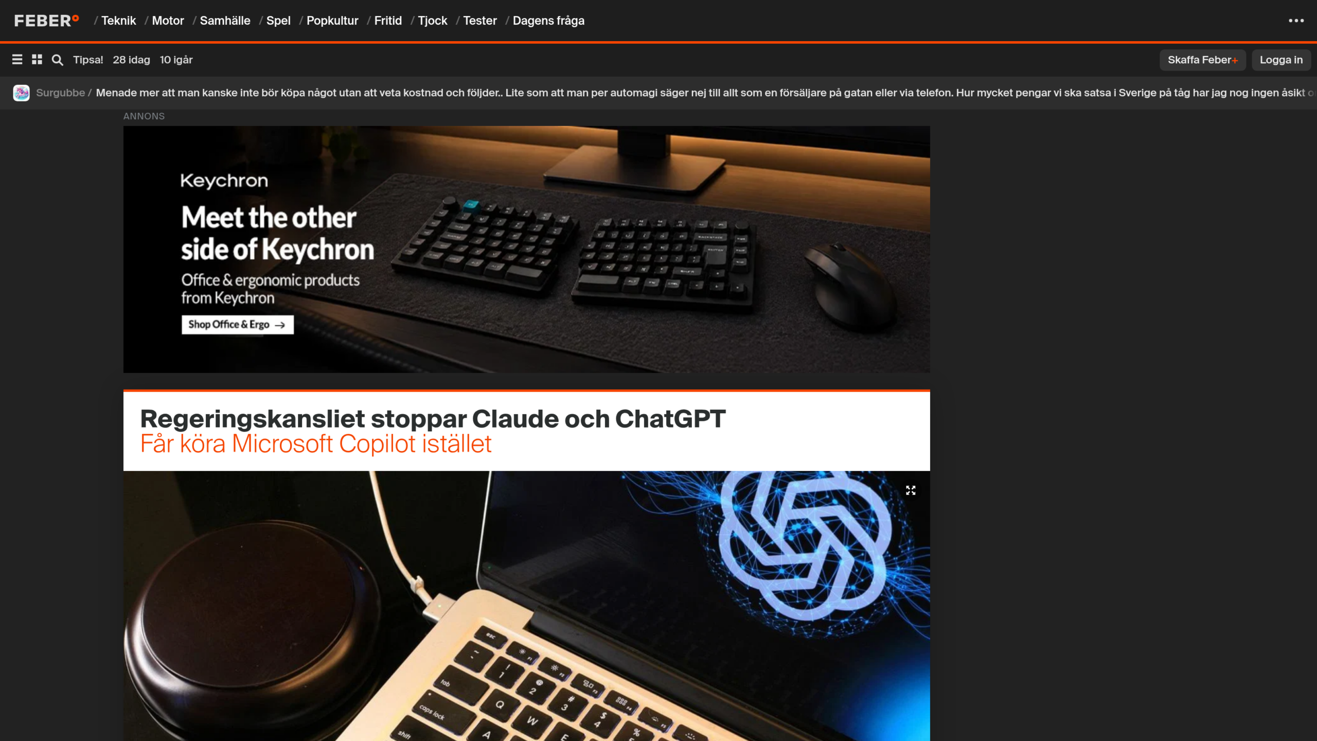Page du site suédois Feber avec le titre Regeringskansliet stoppar Claude och ChatGPT et le sous-titre Får köra Microsoft Copilot istället, au-dessus du logo OpenAI sur un ordinateur portable