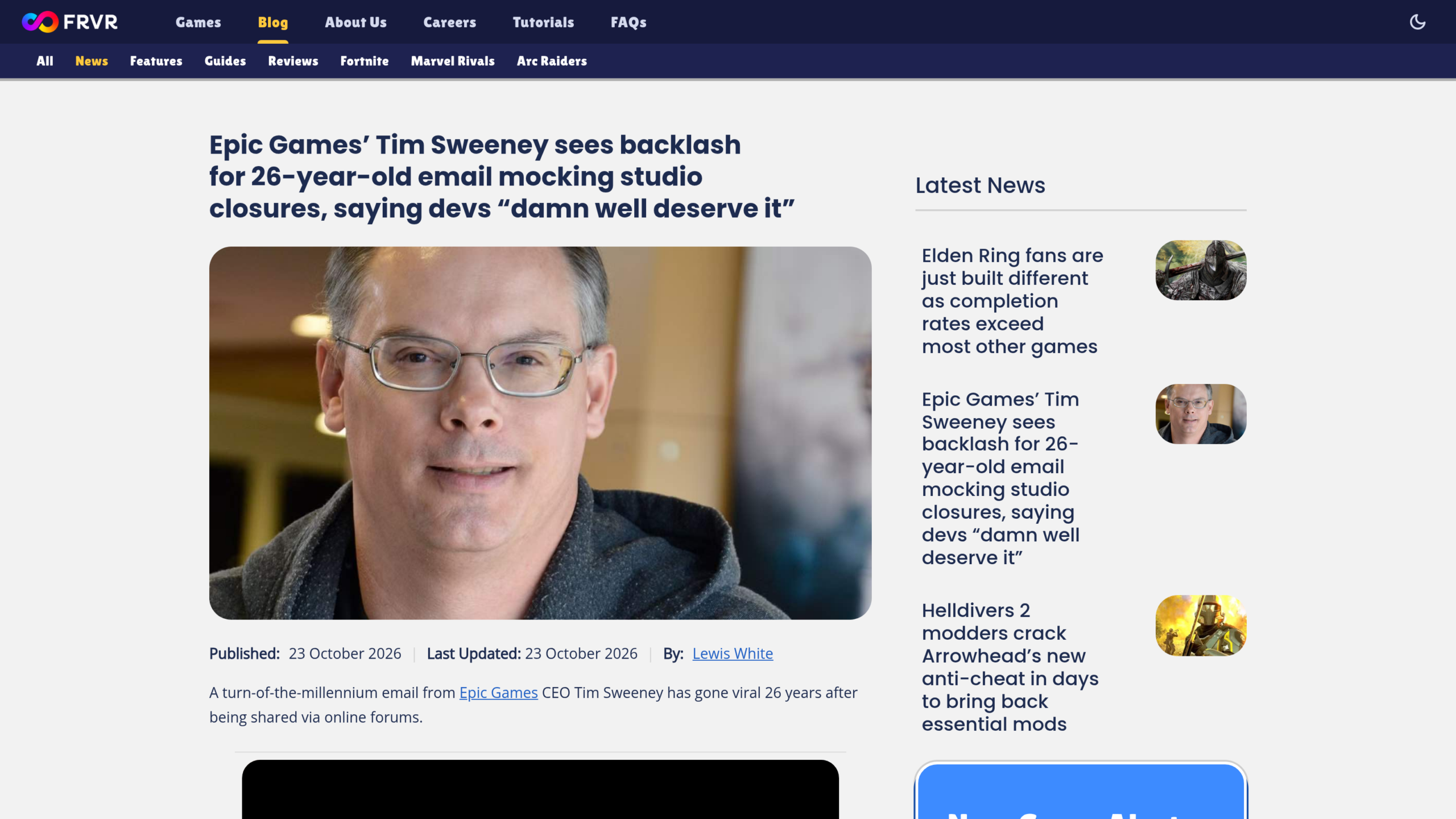 Article du site FRVR daté du 23 octobre 2026 sur le message de Tim Sweeney, avec un portrait du PDG d'Epic Games en pull gris