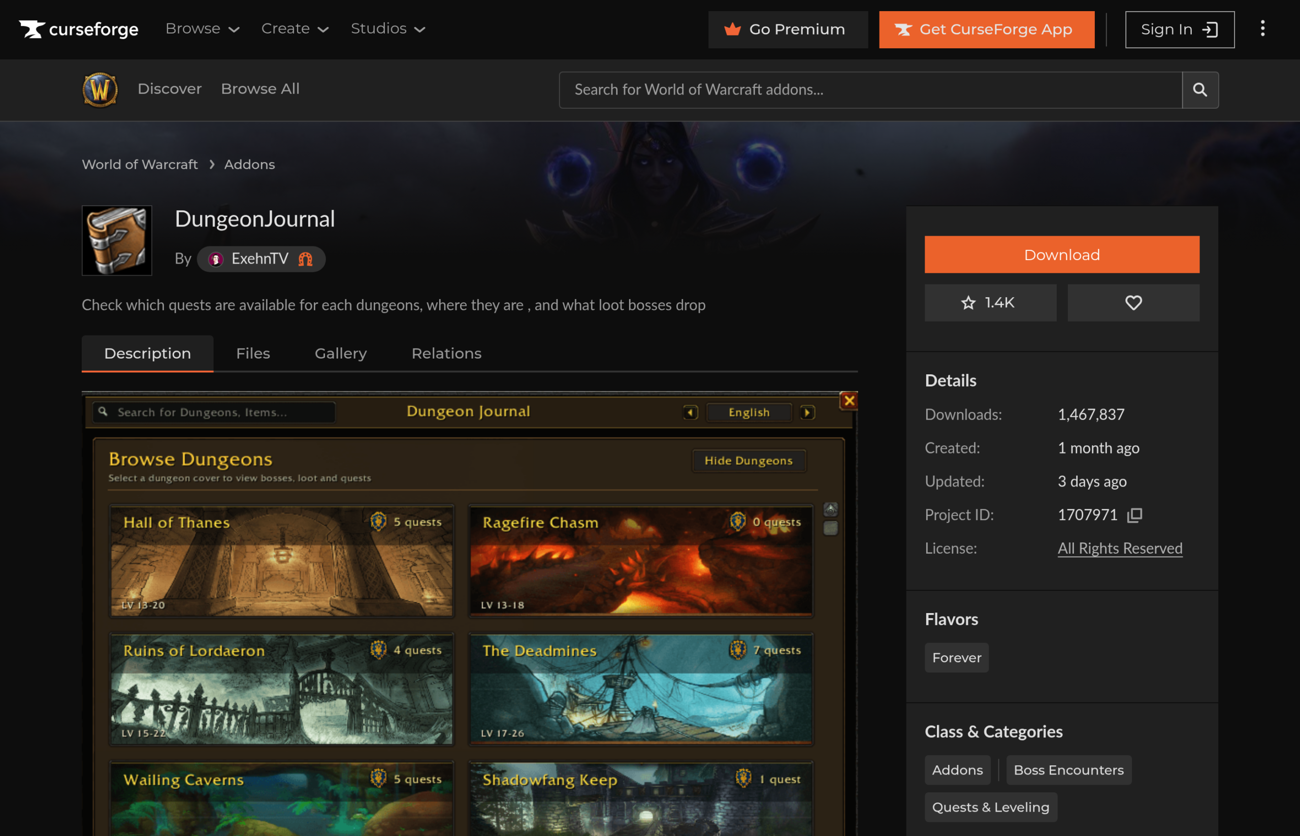 Fenêtre de liste des donjons avec Hall of Thanes, Ragefire Chasm, Ruins of Lordaeron, The Deadmines, Wailing Caverns et Shadowfang Keep, chacun avec son nombre de quêtes