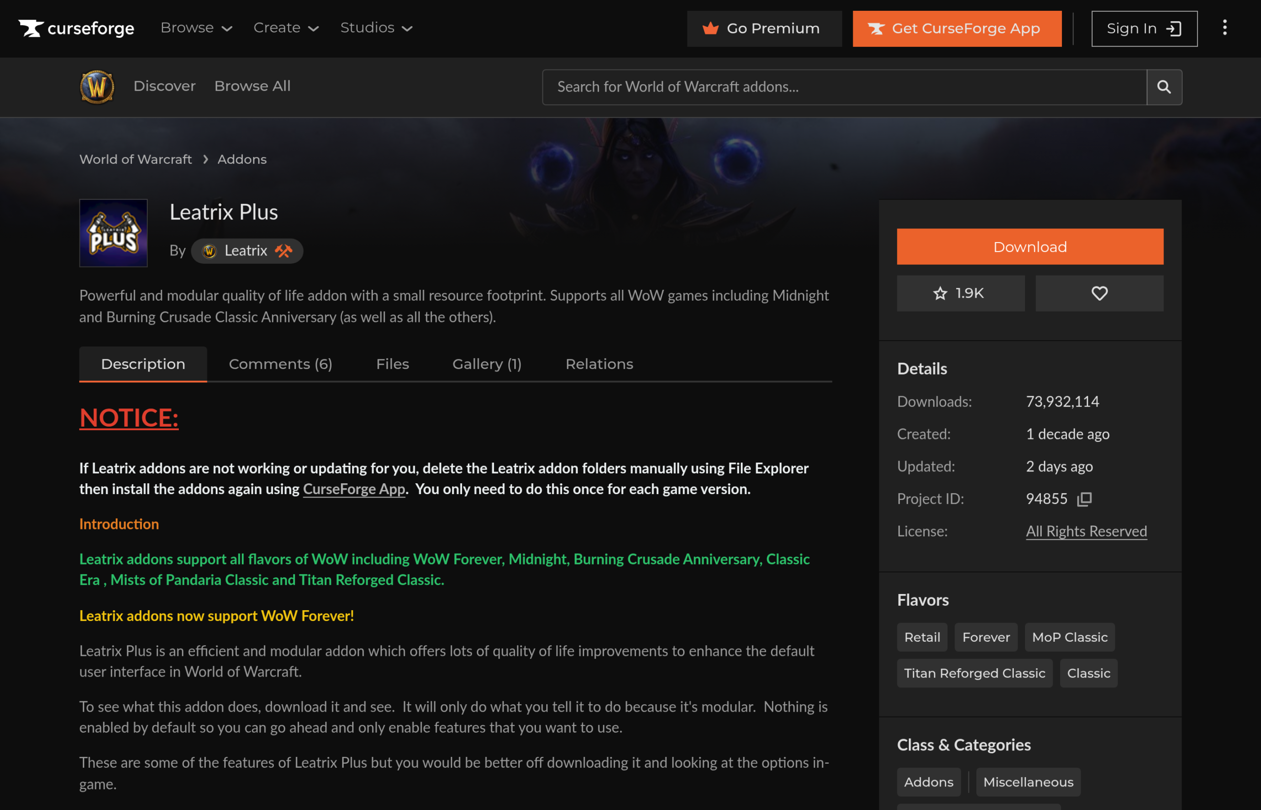 Page CurseForge de Leatrix Plus avec le message annonçant la prise en charge de WoW Forever