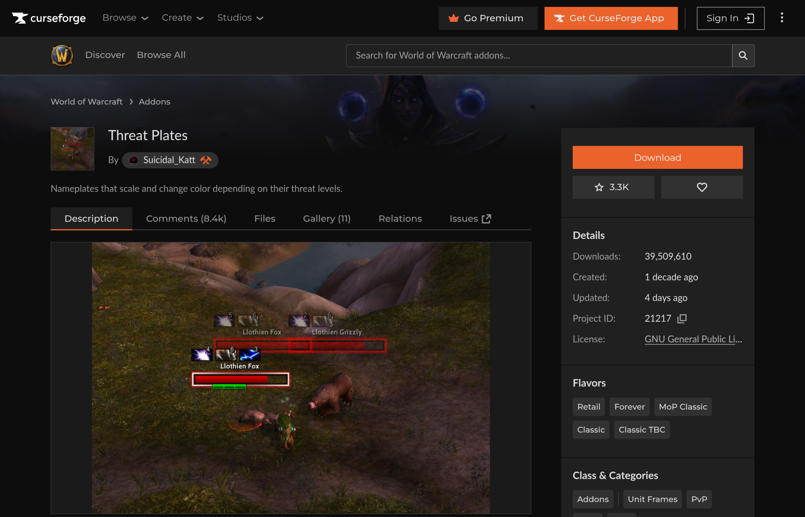 Page de Threat Plates par Suicidal_Katt, avec une capture en jeu de barres de nom rouges au-dessus de deux renards et d'un grizzly