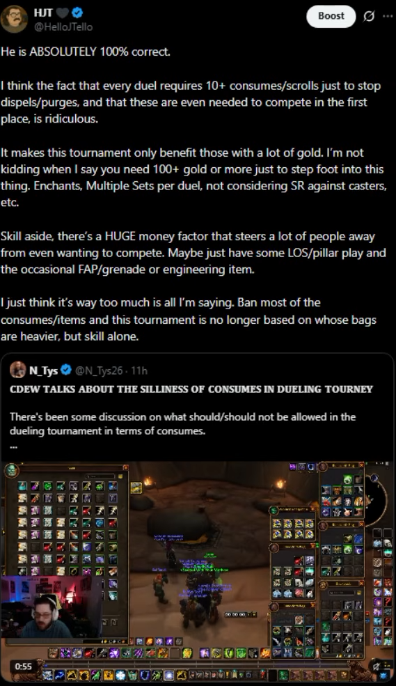 Tweet de HelloJTello citant un message de N_Tys sur le clip de Cdew, avec plus de dix consommables par duel et 100 pièces d'or minimum pour entrer