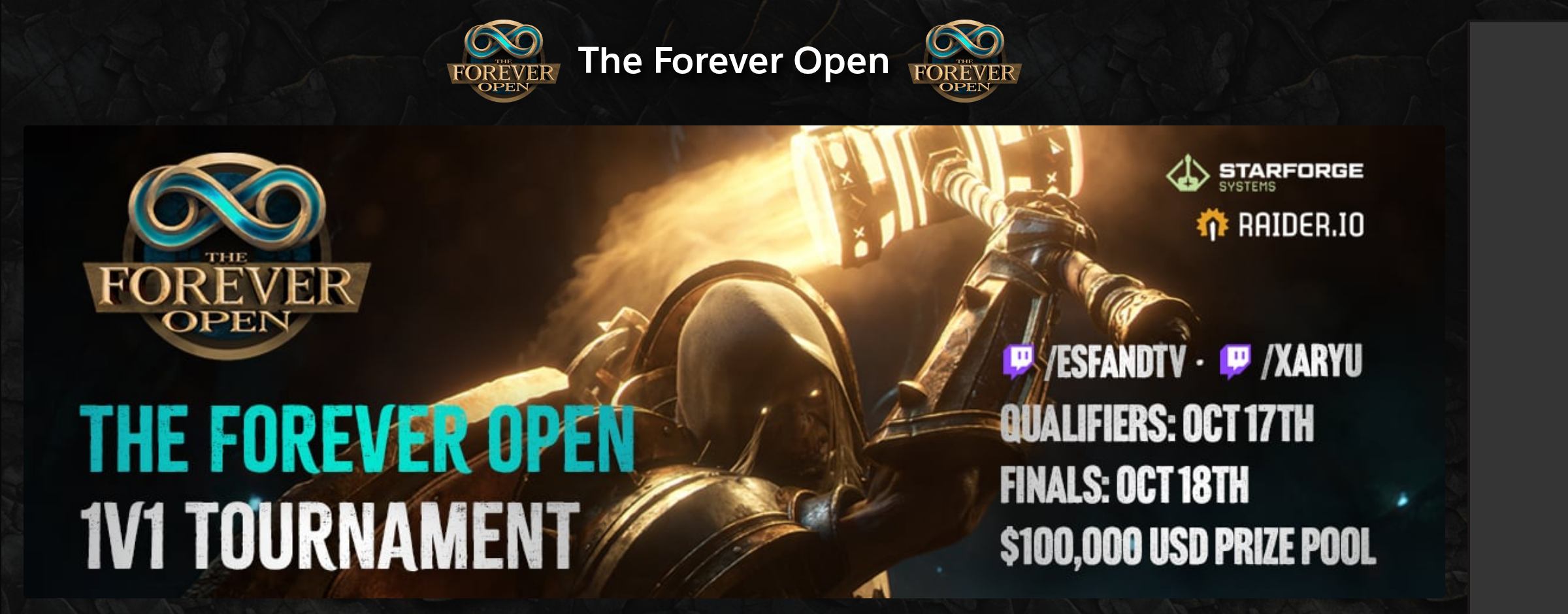 Bannière officielle du tournoi WoW Forever The Forever Open sur Raider.IO annonçant un tournoi 1v1, qualifications le 17 octobre, finale le 18 octobre et 100 000 $ de cagnotte