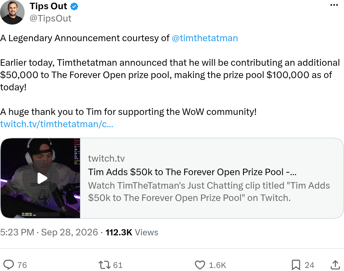 Tweet de Tips Out annonçant que TimTheTatman ajoute 50 000 dollars, portant la cagnotte à 100 000 dollars