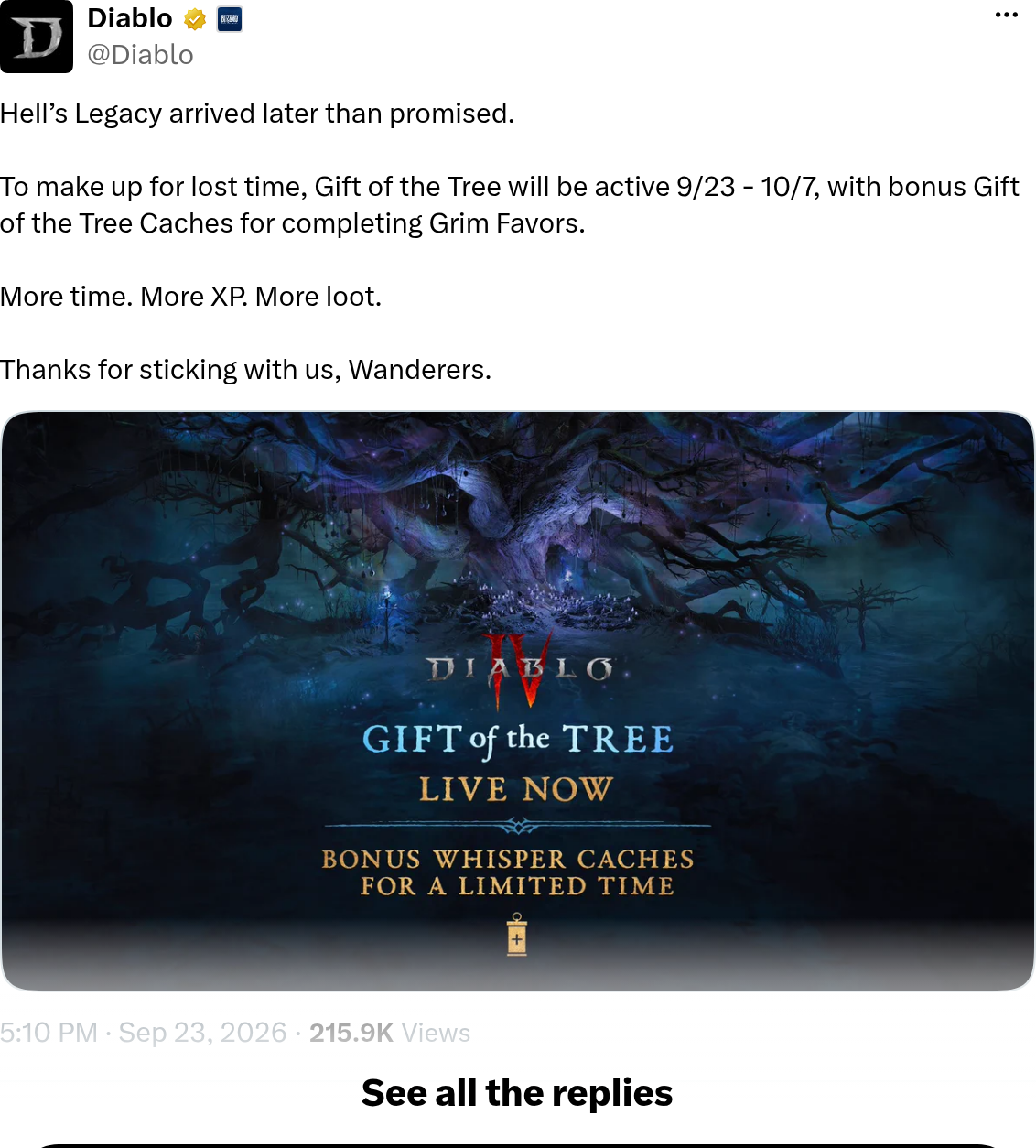 Tweet du compte Diablo annonçant des caches bonus pour les Faveurs sinistres du 23 septembre au 7 octobre, avec le visuel de l'Arbre des Murmures