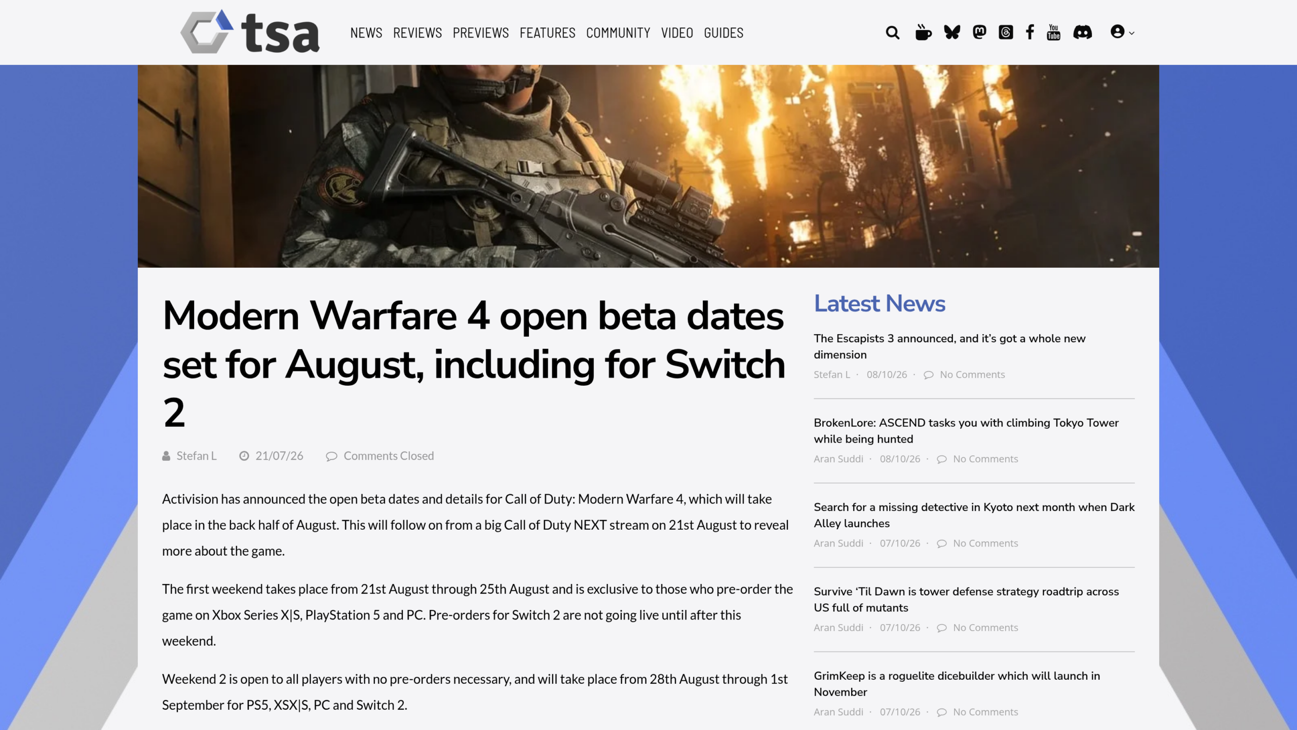 Article de TheSixthAxis du 21 juillet 2026 annonçant les dates de la bêta ouverte en août, Switch 2 incluse