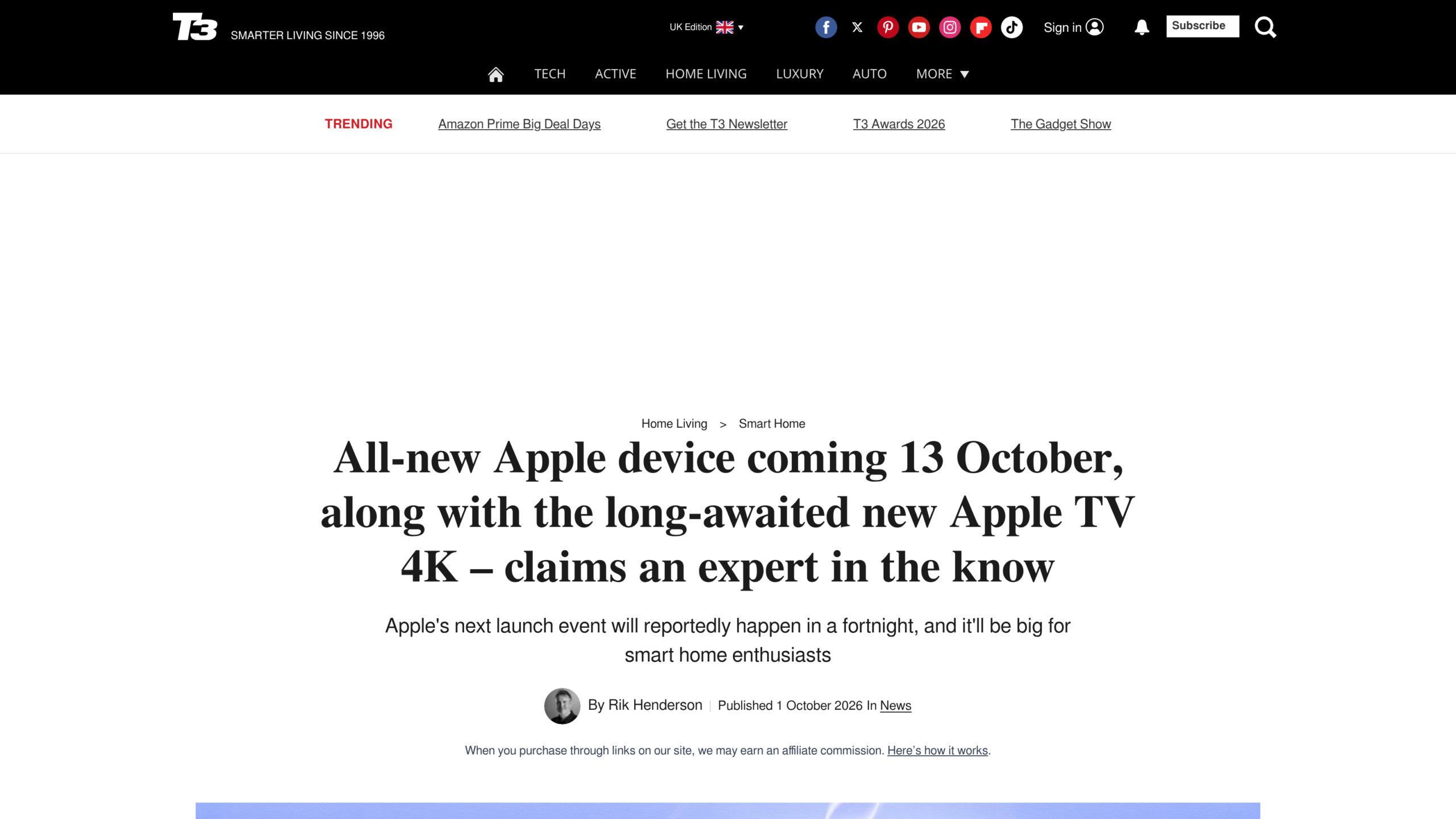 Capture de l'article du site T3 daté du 1er octobre 2026, qui annonce un nouvel appareil Apple et un Apple TV 4K pour le 13 octobre
