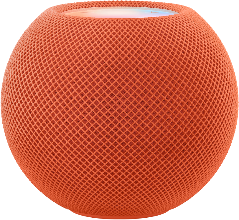 HomePod mini orange sur fond transparent, photo officielle Apple