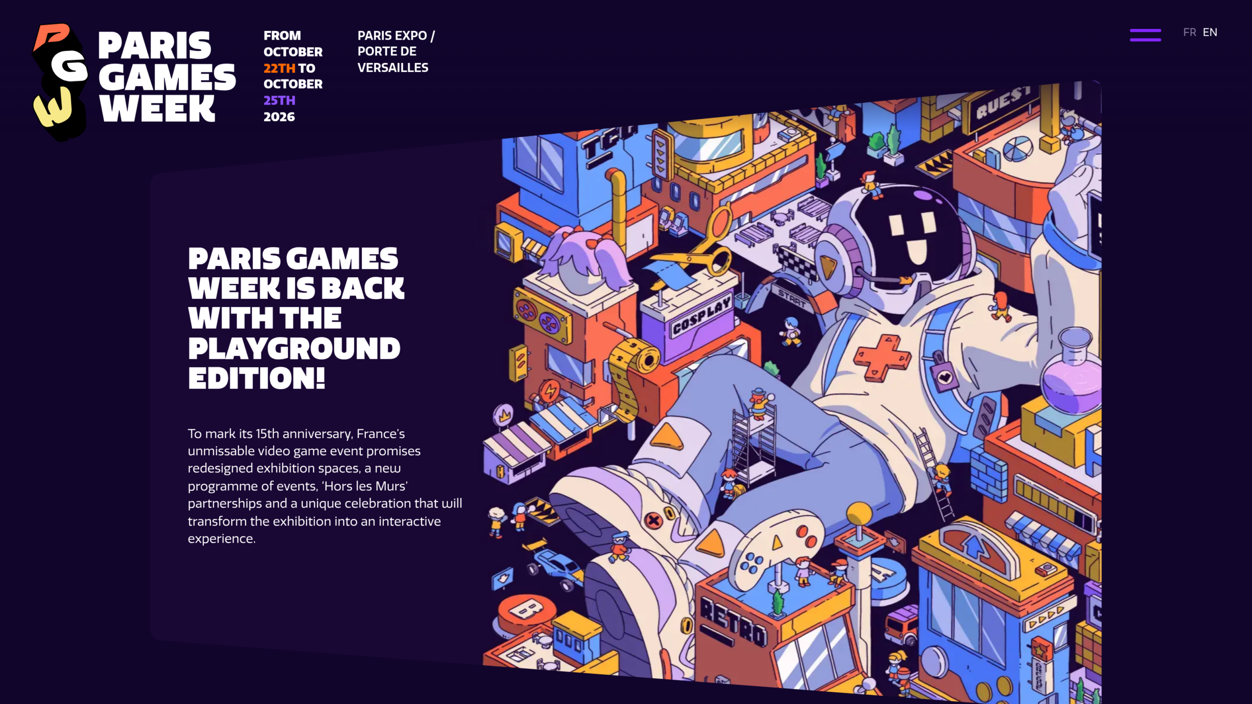 Page d'accueil du site officiel de Paris Games Week annonçant l'édition Playground, du 22 au 25 octobre 2026 à Paris Expo Porte de Versailles, avec une illustration isométrique et le robot mascotte