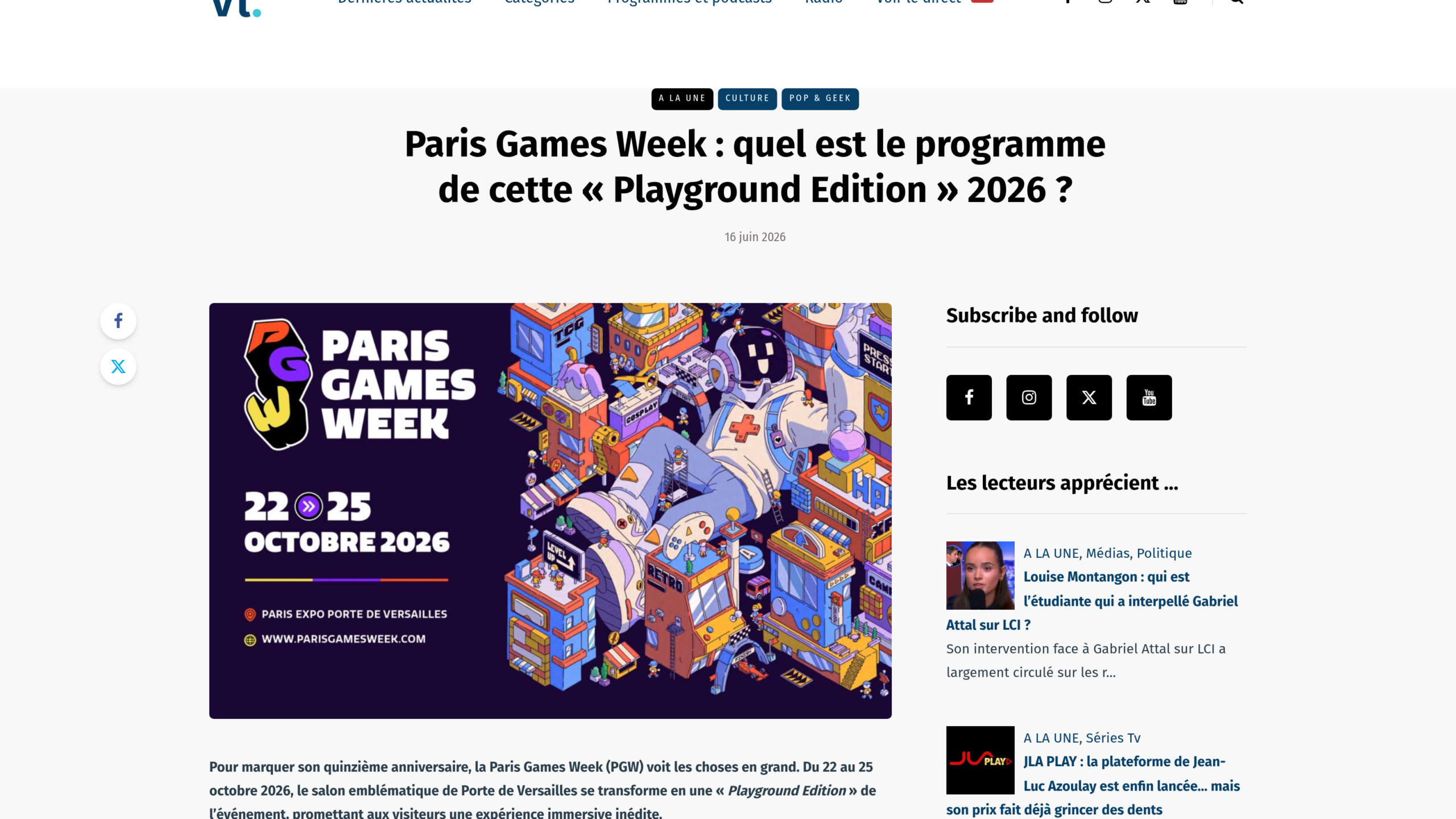 Capture de l'article de VL Media du 16 juin 2026 sur le programme de la Playground Edition, avec l'affiche officielle de Paris Games Week 2026