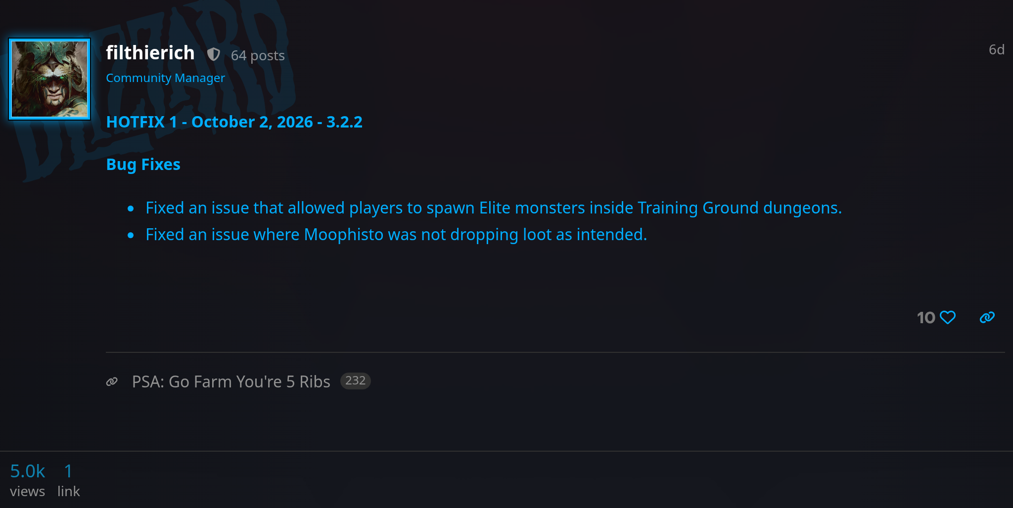 Message du Hotfix 1 du 2 octobre 2026 sur le forum Diablo 4 de Blizzard, signé filthierich, avec les deux correctifs sur les élites et Moophisto